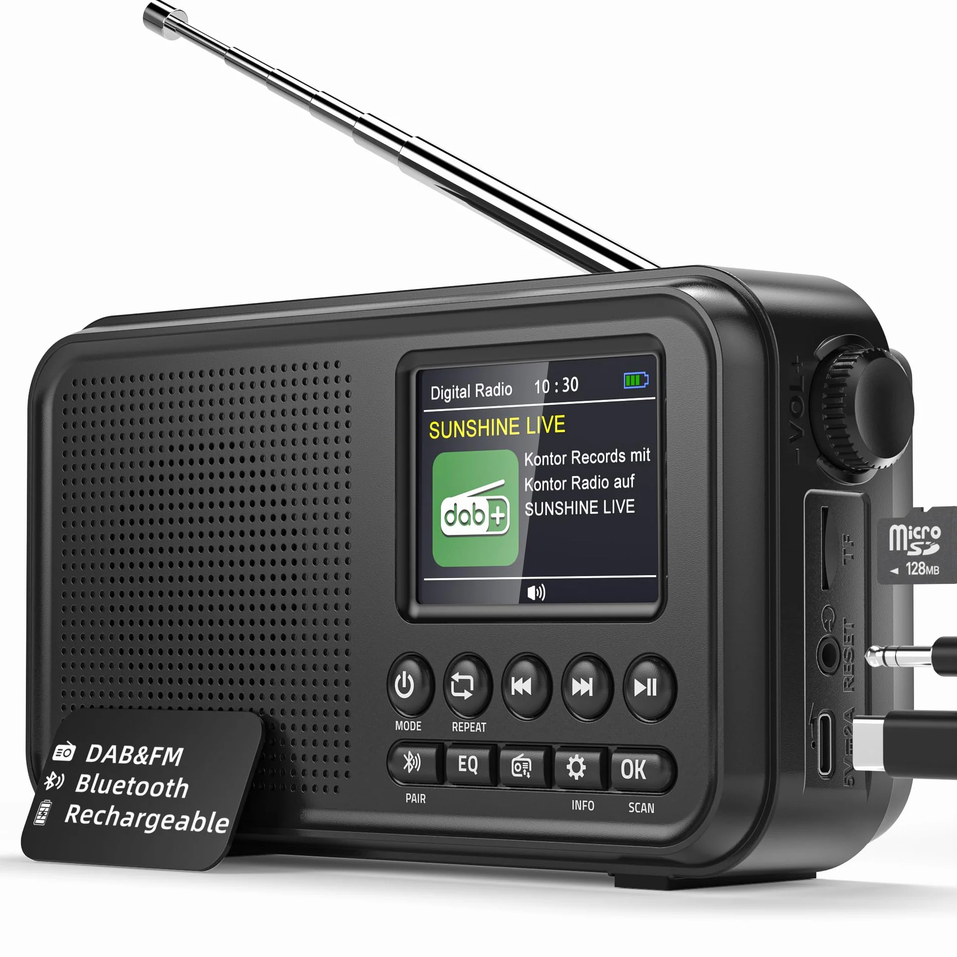 Tragbares DAB+ Radio mit Bluetooth, UKW/DAB Digitalradio mit 2,4" Farbdisplay, 80 Senderspeicher, 3000mah Akku oder Netzbetrieb, Support TF-Karte/Wecker/Sleeptimer/Klinken, Für Küche, Camping, Garten