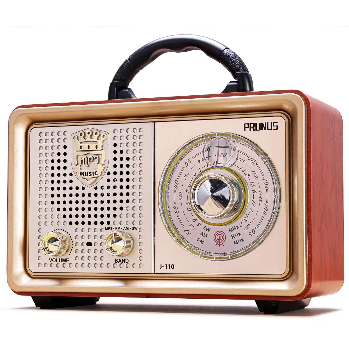 PRUNUS J-110 AM/FM/SW Retro Radio mit Bluetooth, Nostalgie Radio mit 3 Stromversorgungsoptionen, Gehäuse in Holzoptik, 5W-Lautsprecher mit Verbesserter Bass, Unterstützt USB/TF/AUX. Gold