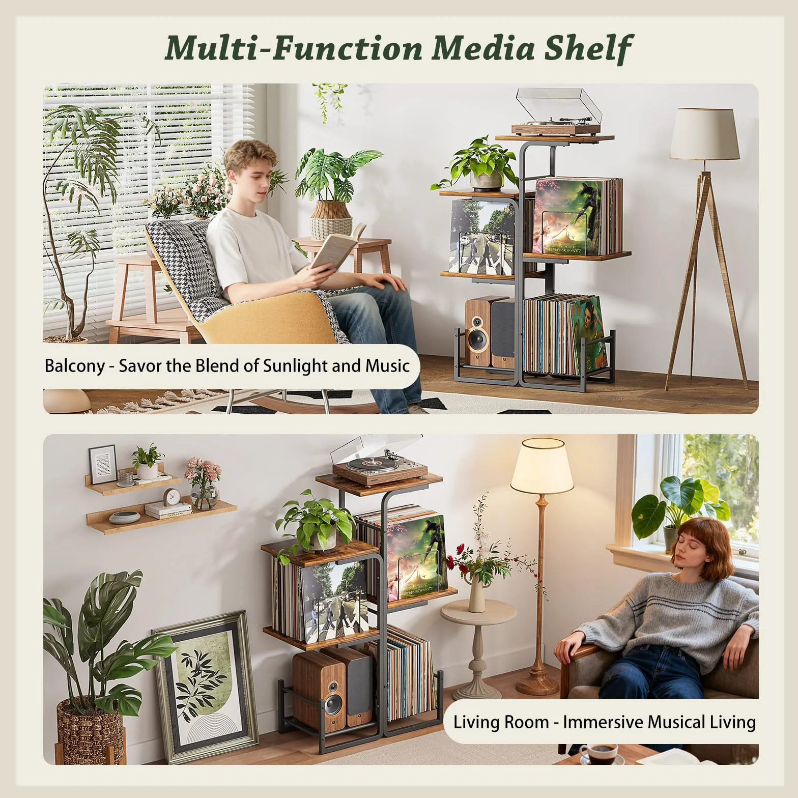 Bikoney Plattenspieler Ständer mit großem Vinyl Stauraum, Vintage Turntable Tisch mit LP Ablage & Schallplatten Display, Pflanzendesign Plattenschrank für Wohnzimmer, Schlafzimmer & kleine Räume