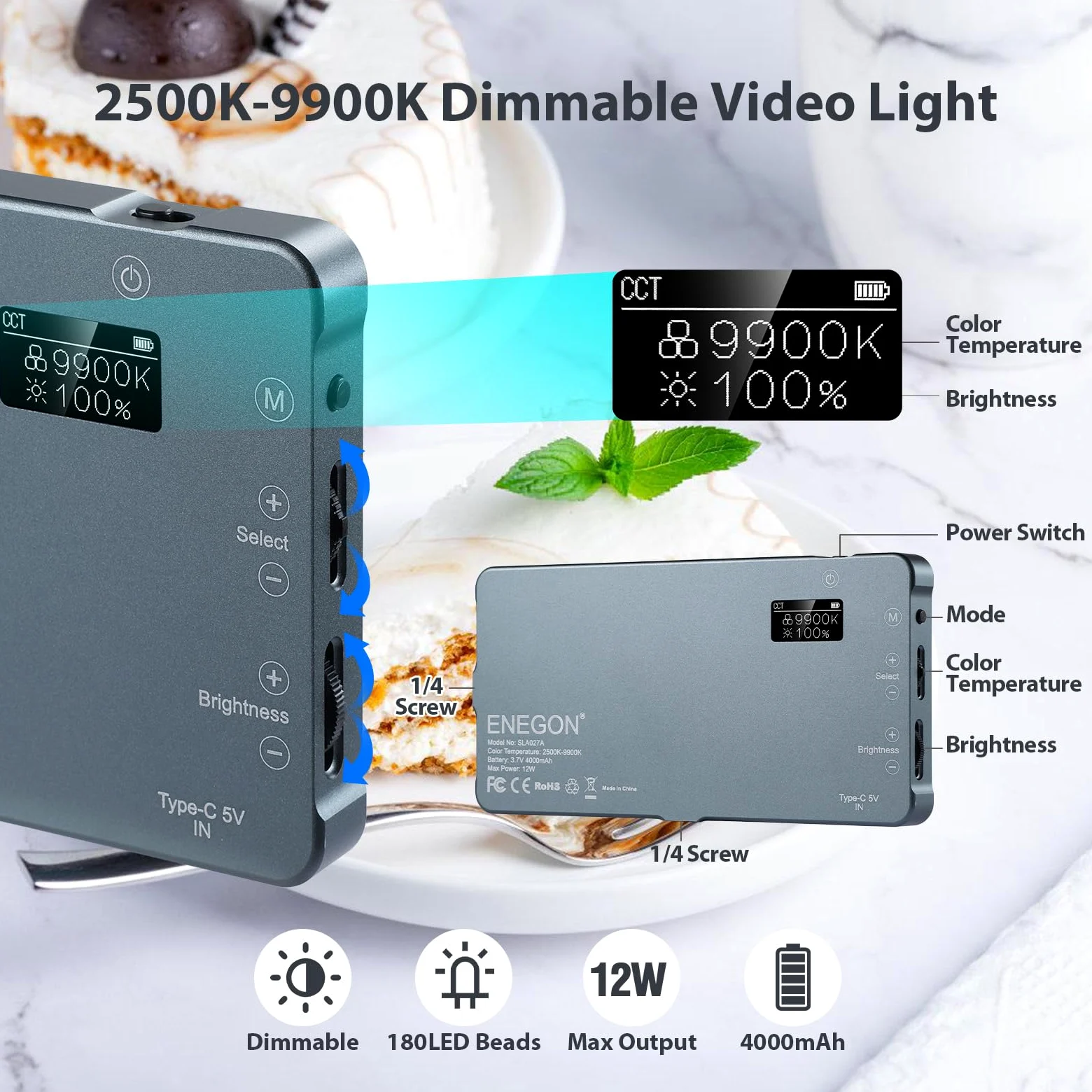 ENEGON 4000mAh wiederaufladbare montierbare zweifarbige LED-Videoleuchte mit Mini-Panel für professionelle DSLR-Kameras/Foto-Video-Beleuchtung. Passend für iPhone, Sony, Canon, Nikon, Fuji, Panasonic