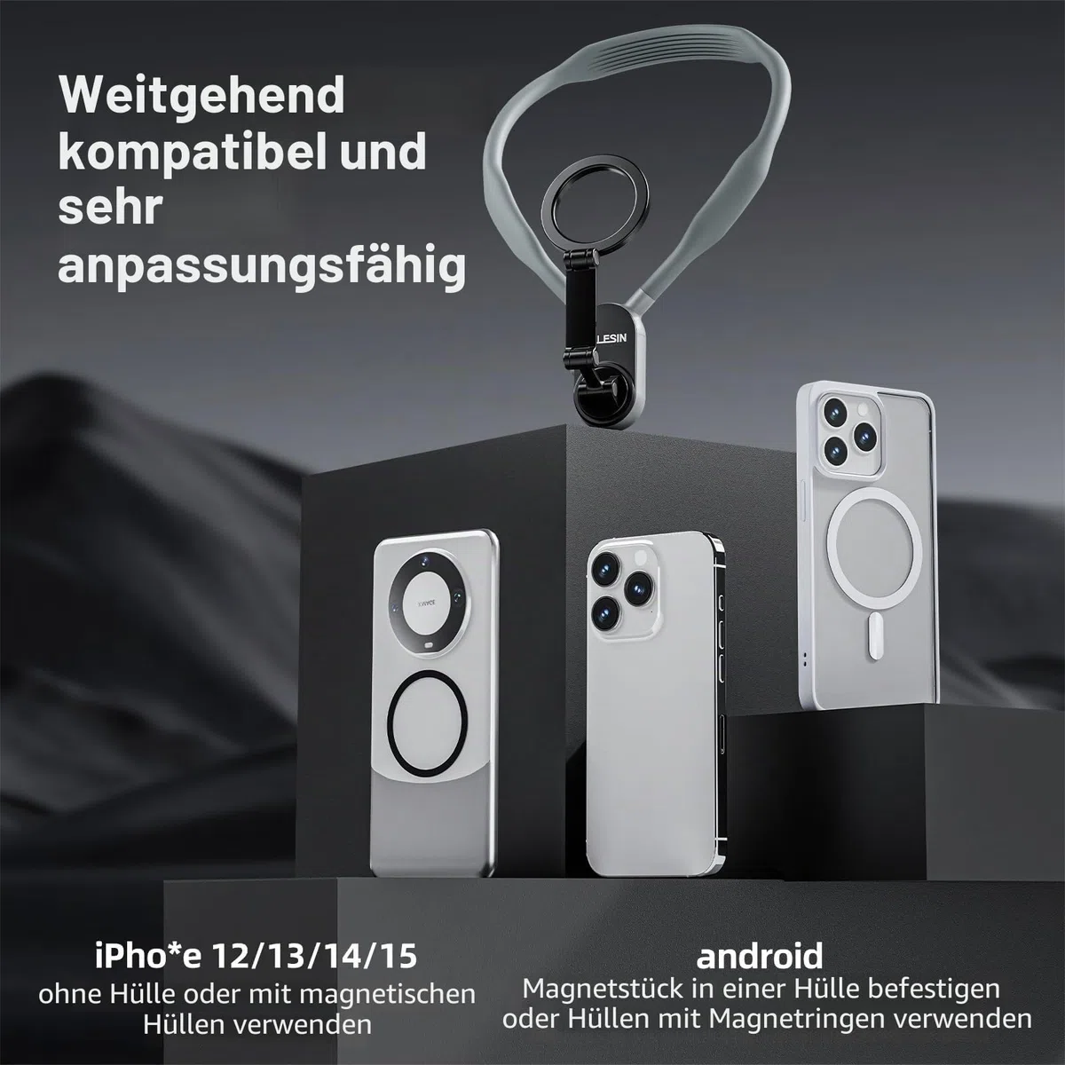 TELESIN Magnetische Nackenhalterung für Telefone, Nacken-Telefonhalter POV/Vlog Selfie-Halterung Hand frei Telefon-Halshalterung Bruststativgurt Videoaufnahme iPhone 17 16 15 14 13 12 Android (Grau)