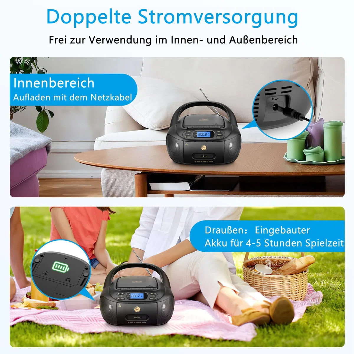 CD-Player mit Kassette, CD Boombox mit Bluetooth, UKW-Radio, Eingebauten Stereo-Lautsprechern, Wiederaufladbarem CD/Tape-Player, AUX-Eingang, USB-Wiedergabe, Kopfhörerausgang