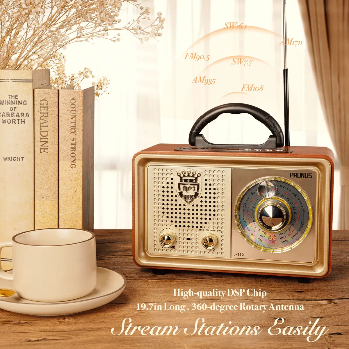 PRUNUS J-110 AM/FM/SW Retro Radio mit Bluetooth, Nostalgie Radio mit 3 Stromversorgungsoptionen, Gehäuse in Holzoptik, 5W-Lautsprecher mit Verbesserter Bass, Unterstützt USB/TF/AUX. Gold