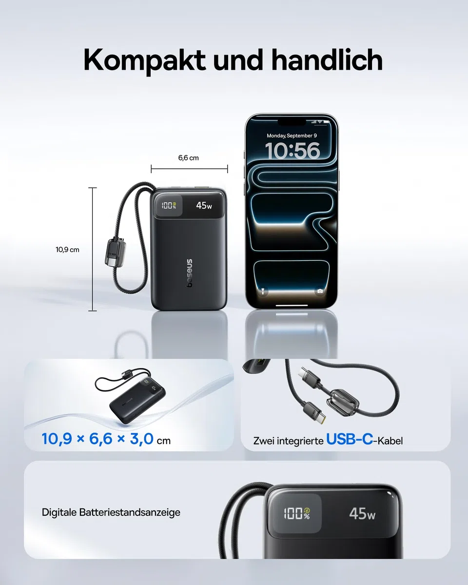 Baseus FC11 Powerbank 45W 20000mAh mit 2 Integriertem USB-C Kabel, Power Bank Klein CCC Zertifizierung mit LED Display, Externe Handyakkus Mini für iPhone 17/16/15/14 Pro Max, iPad, Samsung, Schwarz