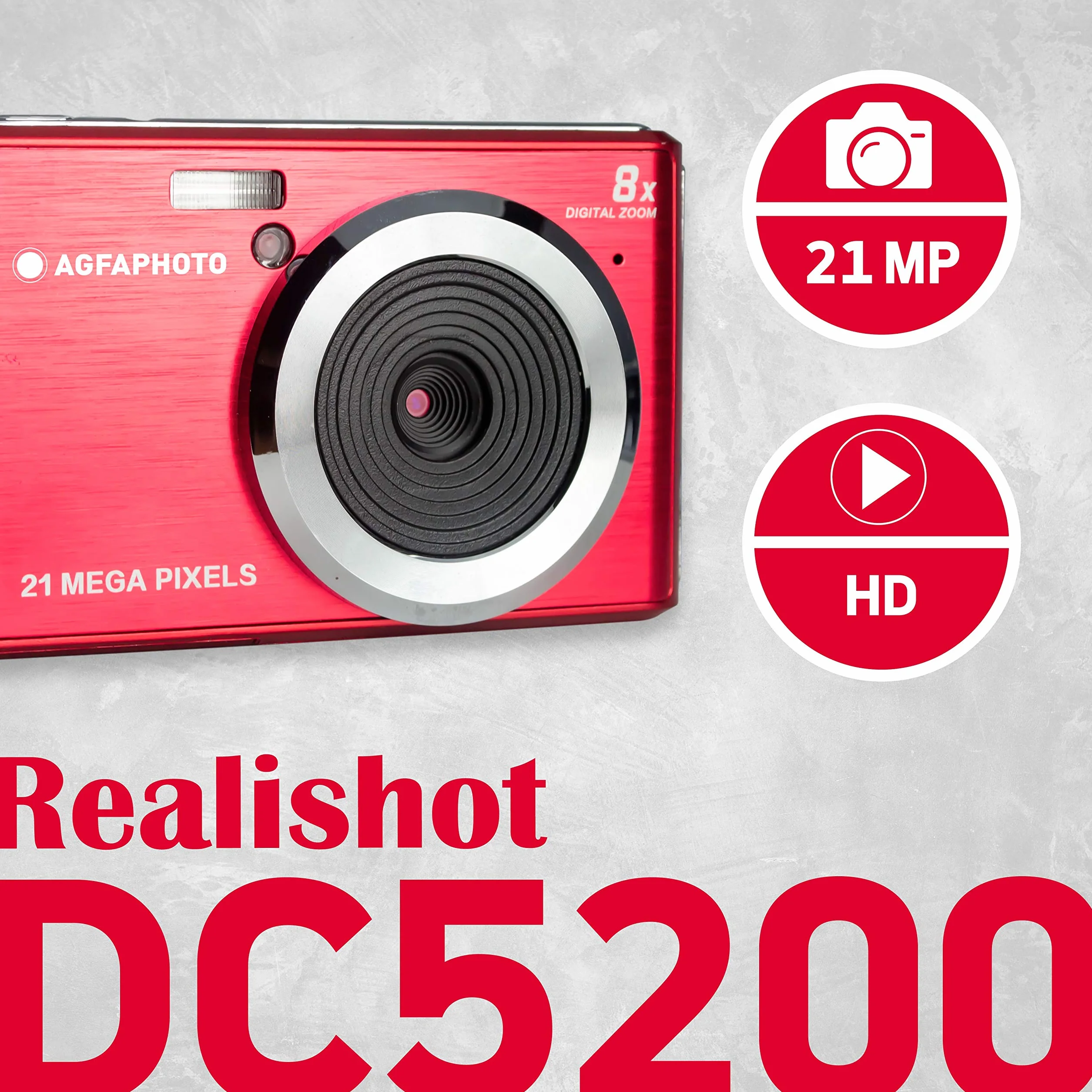 AGFA PHOTO Realishot DC5200 - Kompaktes Digitalkamera, 21MP, 2,4” LCD-Bildschirm, 8x Digitalzoom, HD 720p Video, Lithiumbatterie, SD-Karten, Szenenmodi - Rot | 2,4" LCD-Bildschirm, 8x Digitalzoom, HD 720p Video, Lithiumbatterie, SD-Karten