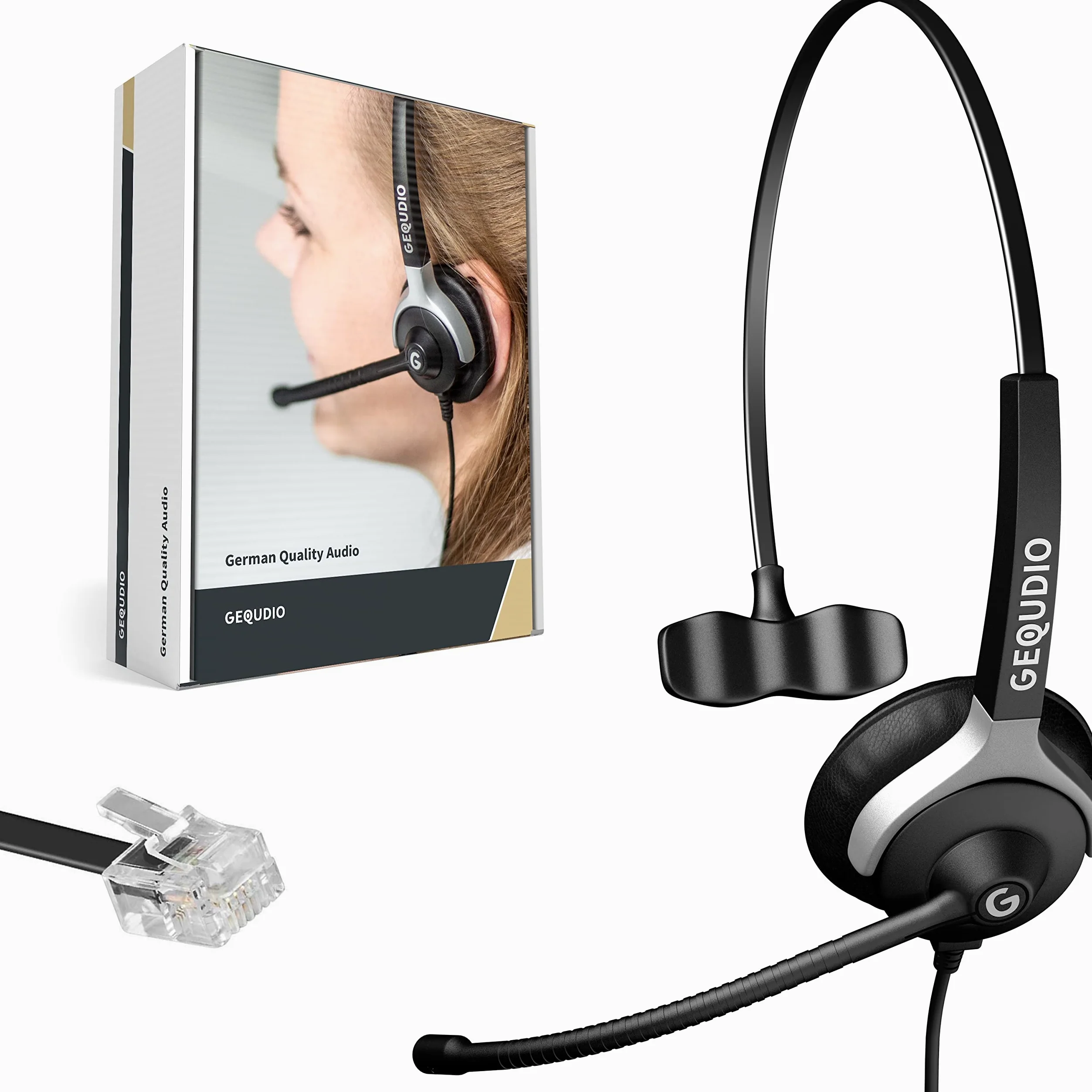 GEQUDIO Headset kompatibel mit Unify OpenStage 30 40 60 80 und OpenScape Serie Telefon - inklusive RJ Kabel - Kopfhörer & Mikrofon mit Ersatz Polster - besonders leicht 60g (1-Ohr)