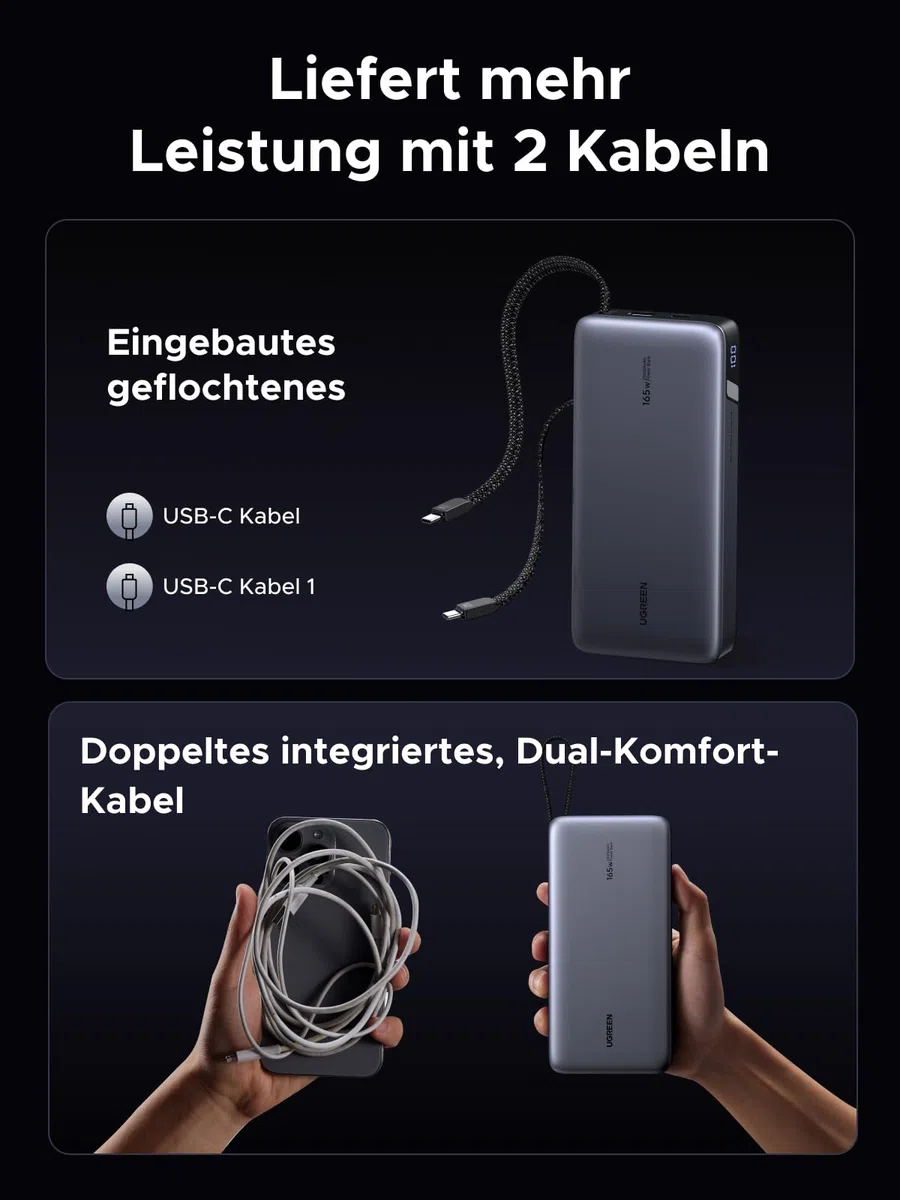 UGREEN Nexode Power Bank, 25000mAh 165W Schnellladen mit 2 Integrierten USB-C Kabeln (140W PD3.1), Kompatibel mit MacBook Pro 16",Dell XPS, iPad Pro, Steam Deck, Galaxy S25 Ultra, iPhone 17