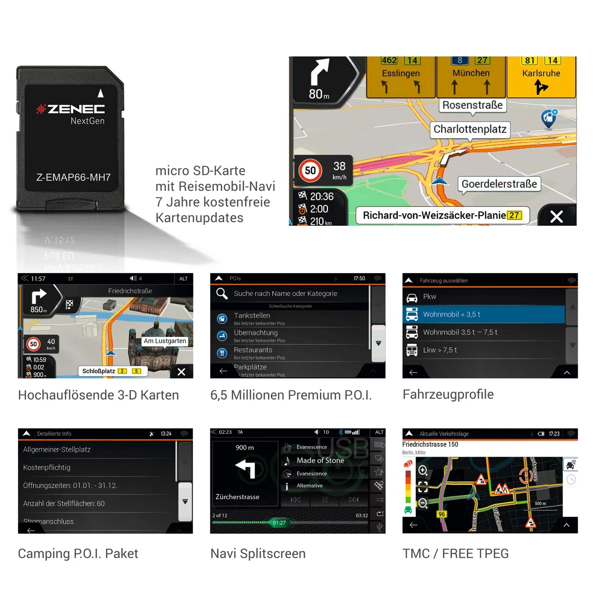 ZENEC Z-EMAP66-MH7: Micro SD-Karte mit Reisemobil Navigation für ZENEC Autoradios/Multimediasysteme Z-E3766, Z-N965, Z-N966, 3-D Karten für Europa, Camping P.O.I. für Wohnmobile, TMC