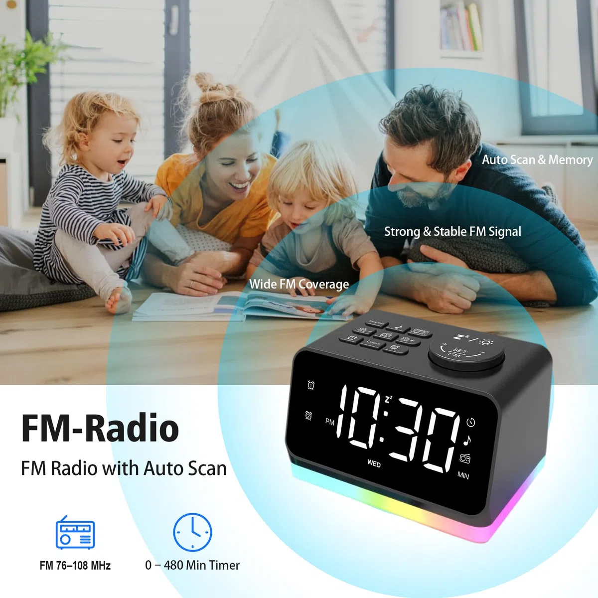 Digitaler Radiowecker für das Schlafzimmer – 8-farbiges Nachtlicht (0-100% dimmbar), Doppelalarm mit 7 Wecktönen, flexibler Schlaf-Timer (10-480 Min), 2 USB-Ladeanschlüsse, zuverlässiger Netzbetrieb