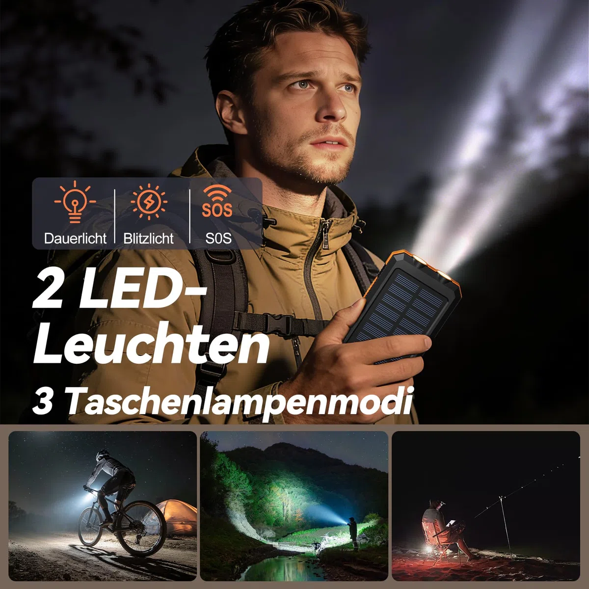 Vikeri Solar Powerbank 26800mAh, Powerbank Solar Wasserdichtes USB C Externer Akku mit 4 Outputs, Power Bank für Smartphones, Tablets und mehr (Dunkelorange)