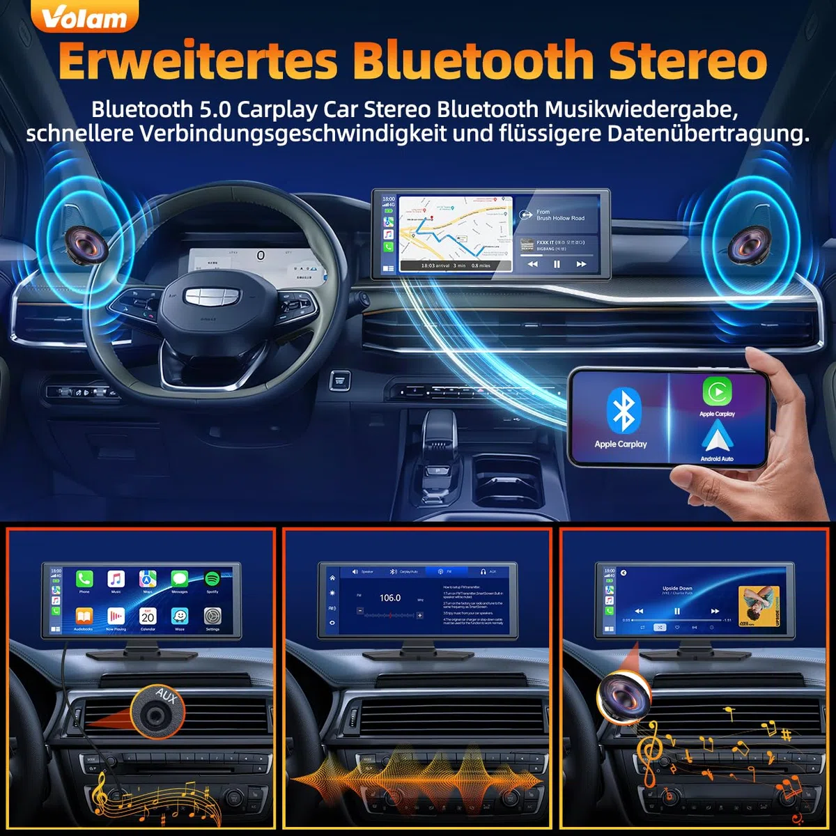 Volam 9.26 Zoll CarPlay Display,Tragbares Autoradios kompatibel mit Apple CarPlay&Android Auto,Car play IPS Touch Screen,Carplay Bildschirm mit siri/GOO-gle,GPS Navigation,Blue-tooth,Mirror Link