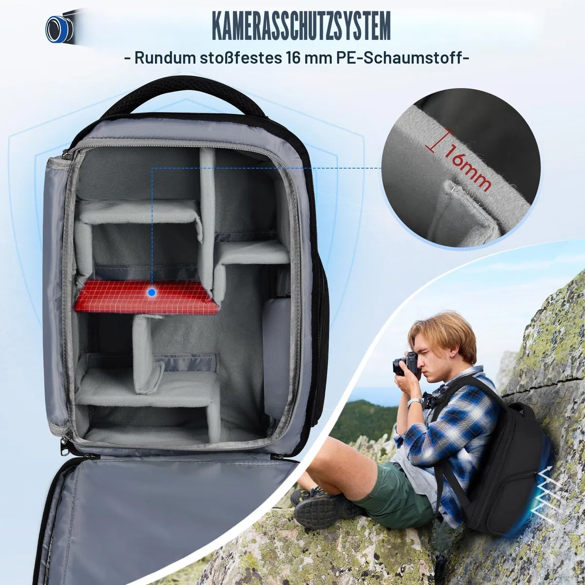 RAINSMORE Fotorucksack Kamerarucksack Groß mit 14 Zoll Laptopfach Leicht Kamera Rucksack DSLR SLR Kameratasche Regenschutz für Canon Nikon Sony Schwarz
