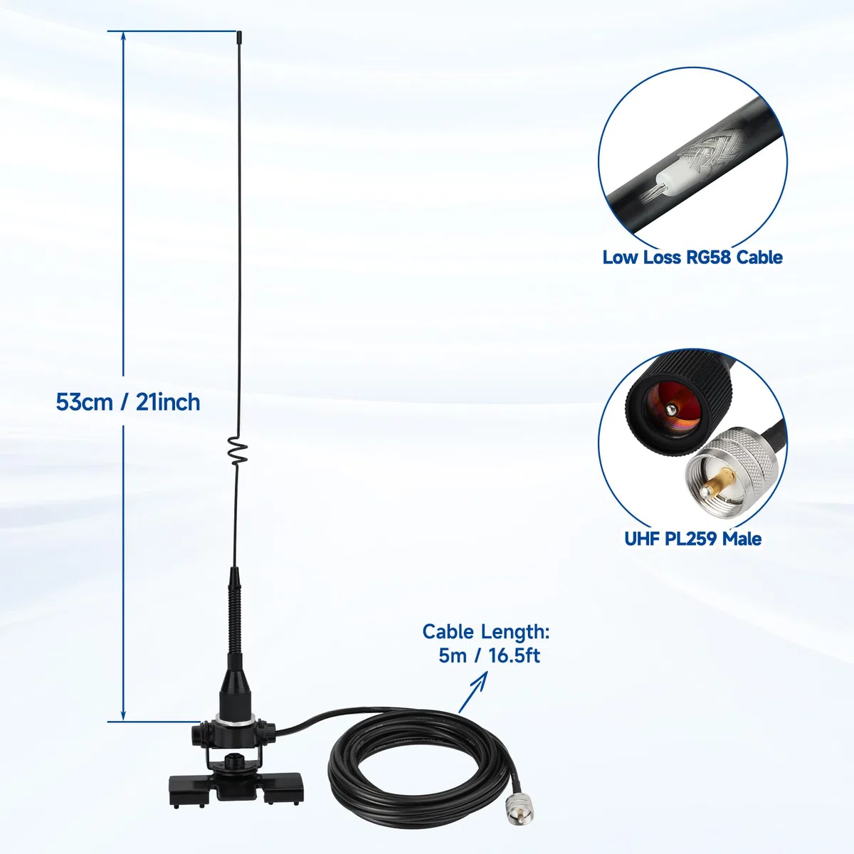 Bingfu Dualband VHF UHF Mobilfunkantenne 136–174MHz & 400–460MHz – 53cm Ham Antenne mit Halterung, PL259-Stecker und 5m Kabel für Zwei-Wege- und Amateurfunkgeräte