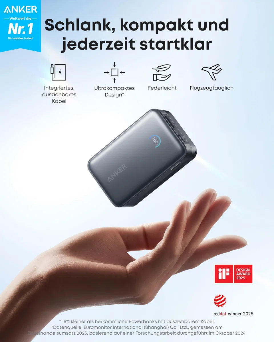 Anker Nano Powerbank,10.000mAh Externer Akku mit 70cm Anker InstaCord Einzugskabel, 45W Max Kompakter Akku, Smart-Display, für iPhone 17/16, iPad, Galaxy, Pixel und mehr