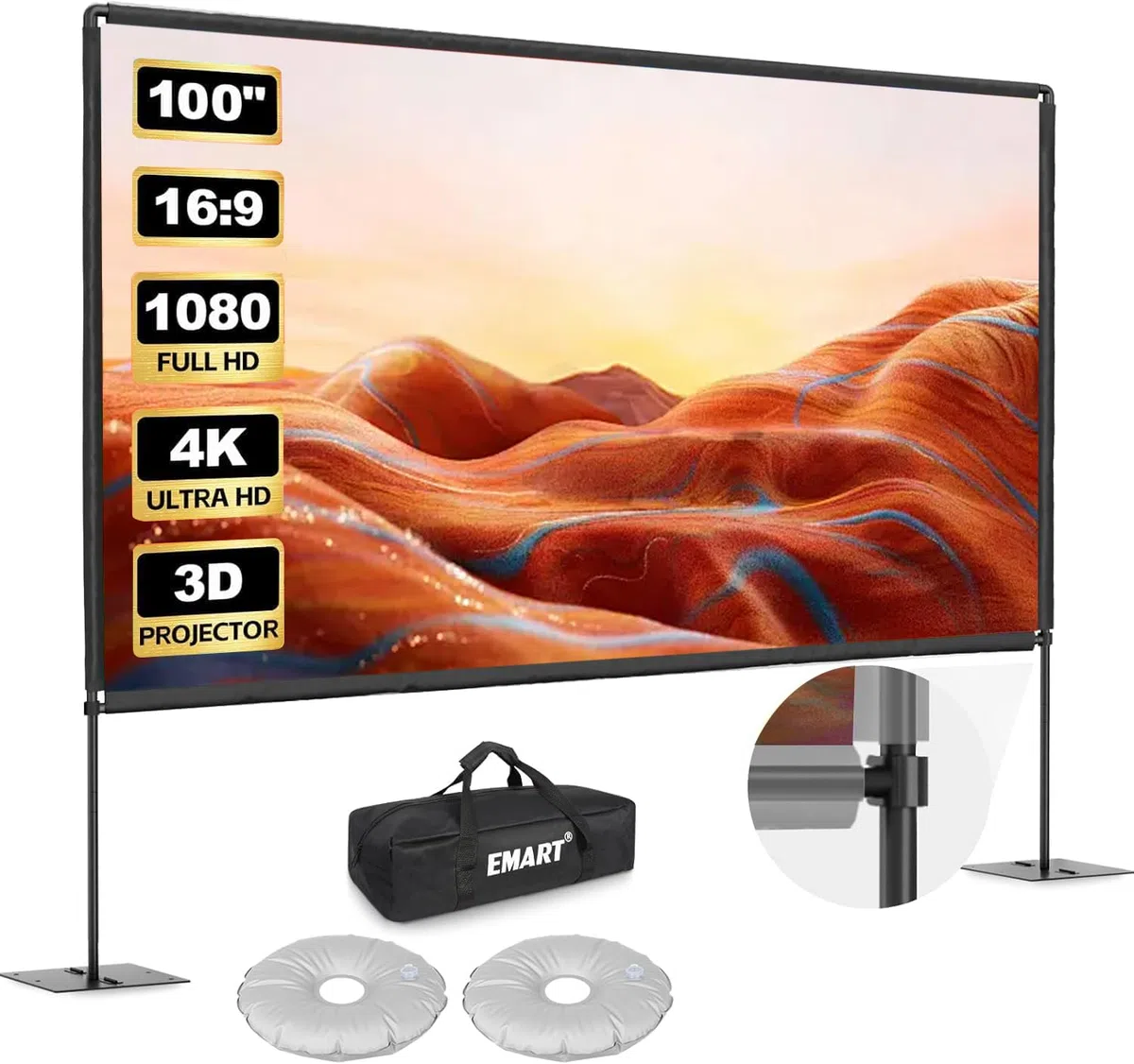Beamer Leinwand mit Ständer 100 Zoll, EMART Tragbare 16:9 HD 4K Faltbar Indoor Projektor Leinwand mit Tragetasche und Robuster Basis, Projector Screen für den Garten, Partys und Heimkino