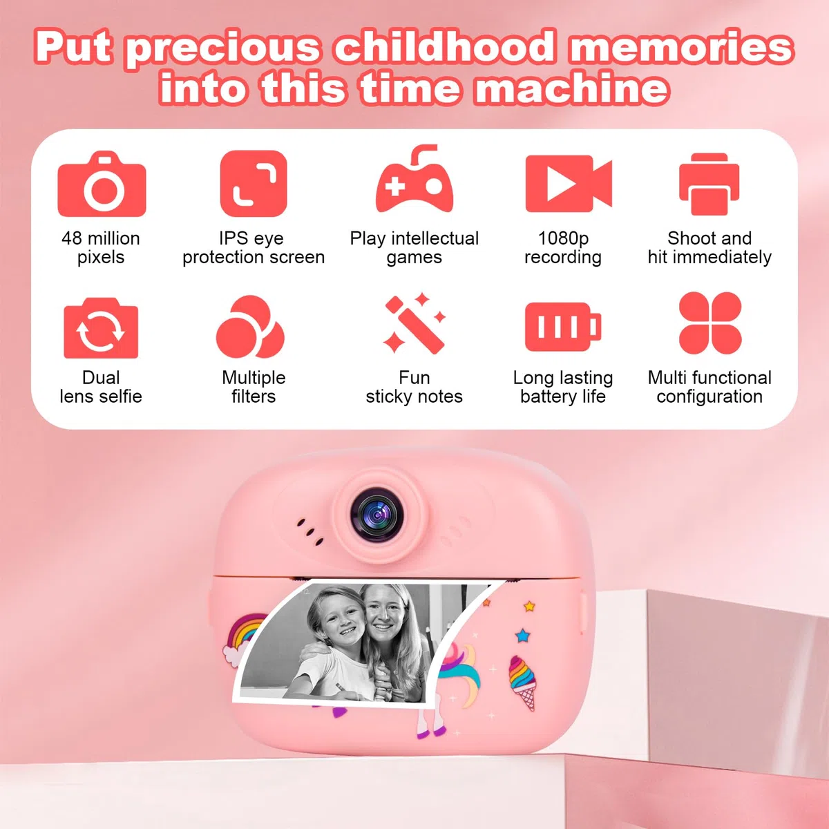 Kinderkamera Sofortbildkamera 1080P 32GB SD-Karte 3 Rollen Druckpapier für Kinder 3-12 Jahre