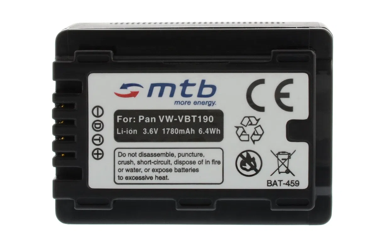 Ersatz-Akku VW-VBT190 kompatibel mit Panasonic HC-V130, V160, 270, 380, V727... s. Liste! [3.6V - 1780mAh - Li-Ion - mit Infochip, Restlaufanzeige unterstützt]