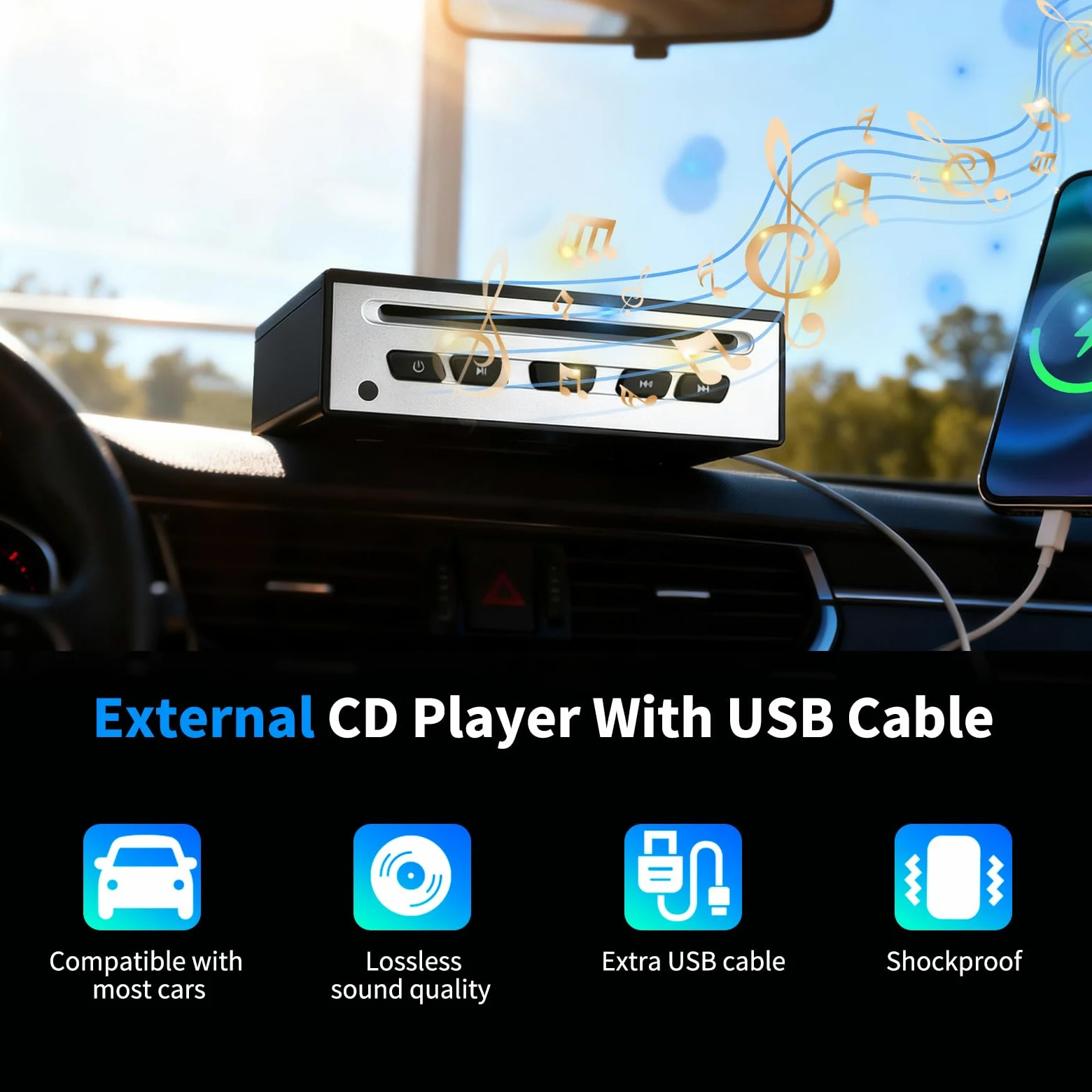 CD Player für Auto – Externer Universal-Auto-CD-Player mit USB, AUX, HDMI & USB-C Anschluss, Plug & Play, Kompatibel mit Autoradio, Laptop, TV, Computer und Hi-Fi-Anlagen
