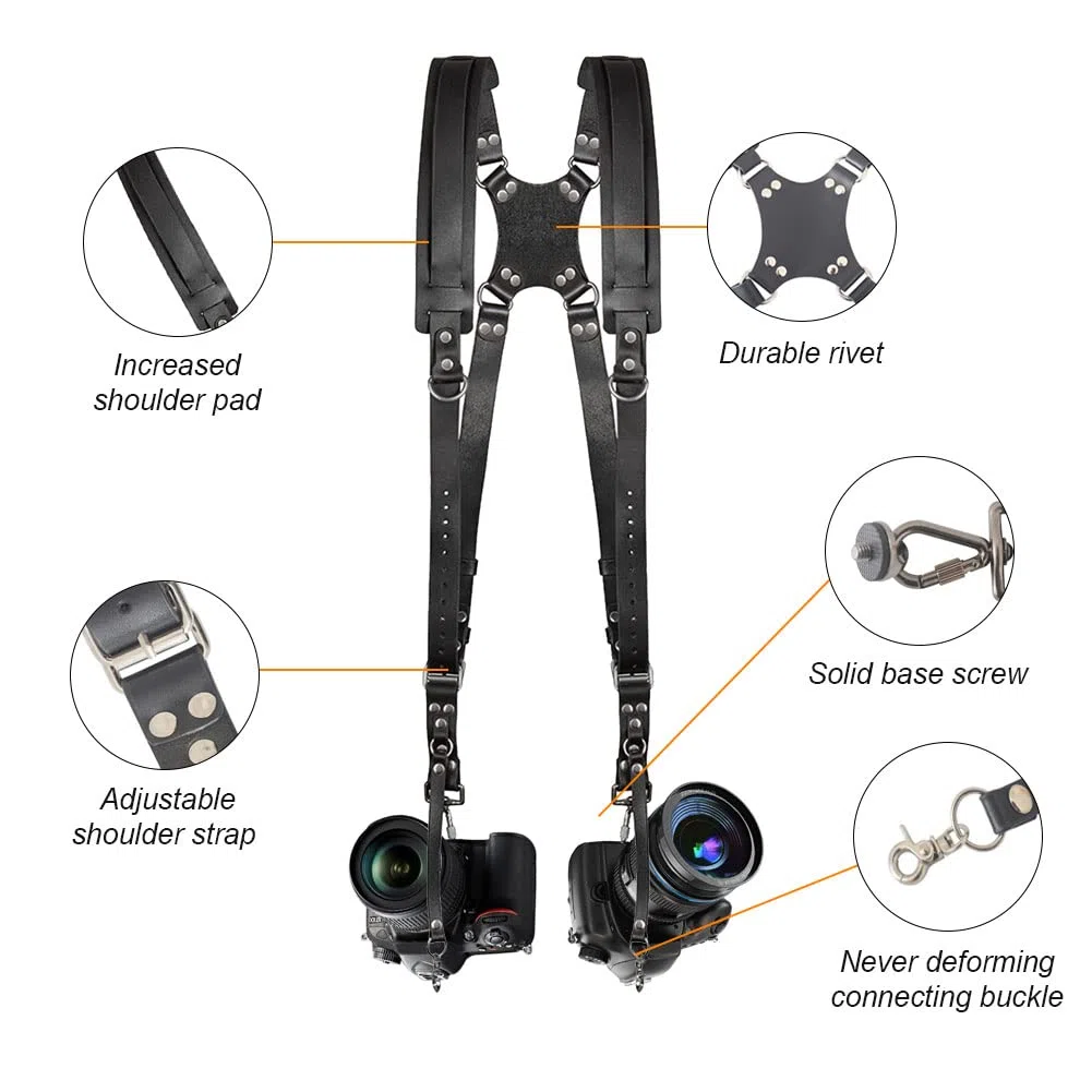 Kameragurt für 2 Kameras,Leder kamera gurt für DSLR-/SLR-Kameras,Verstellbare doppelte Schultergurte Geeignet für Outdoor-Fotografie