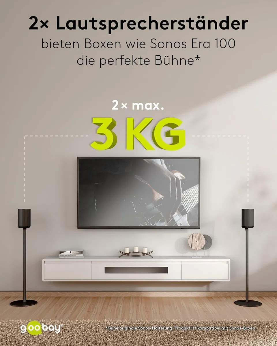goobay Lautsprecherständer für Sonos Era 100 / Lautsprecherhalterung 3k Tragkraft/Boxenständer mit Kabelmanagement / 71cm hoch/schwarz / 71026