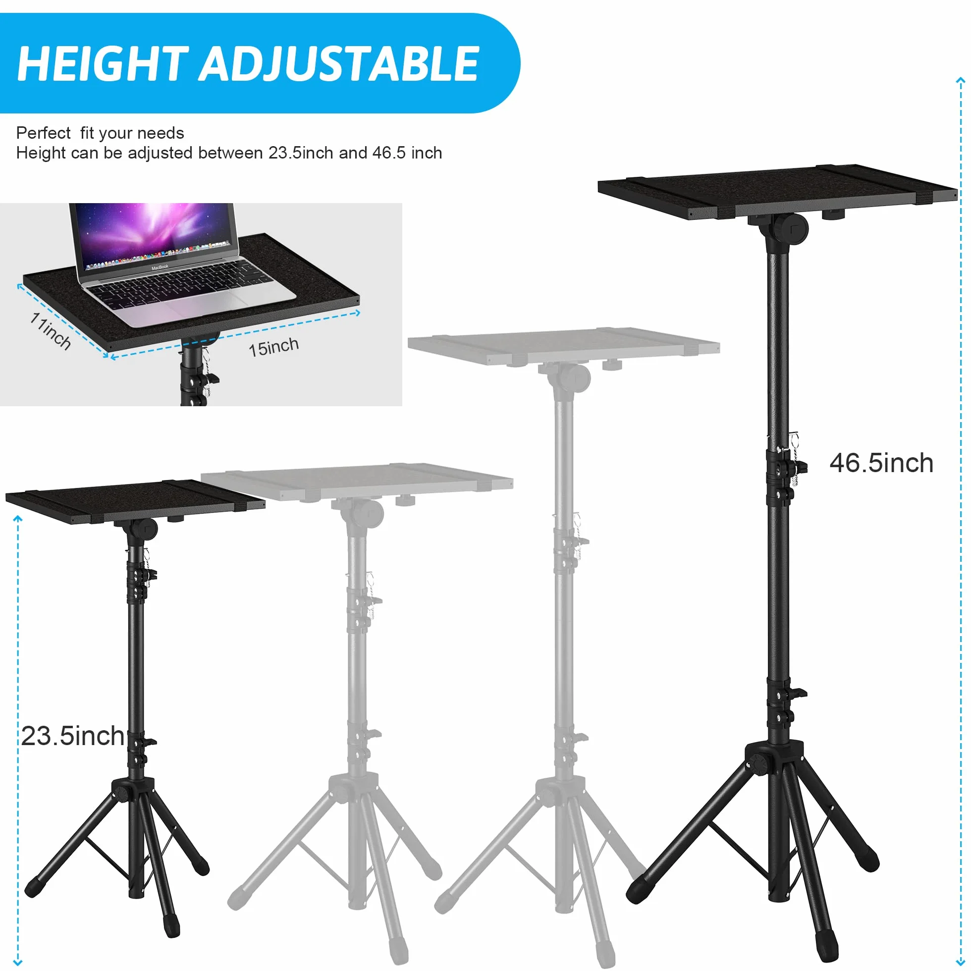 Projektor-Stativ von 59,7 cm bis 118,1 cm, Laptop-Stativ, höhenverstellbar, mit Schwanenhals, Handy-Halterung, Laptop-Bodenständer für Büro, Zuhause, Bühne, Studio, DJ-Racks, Halterung