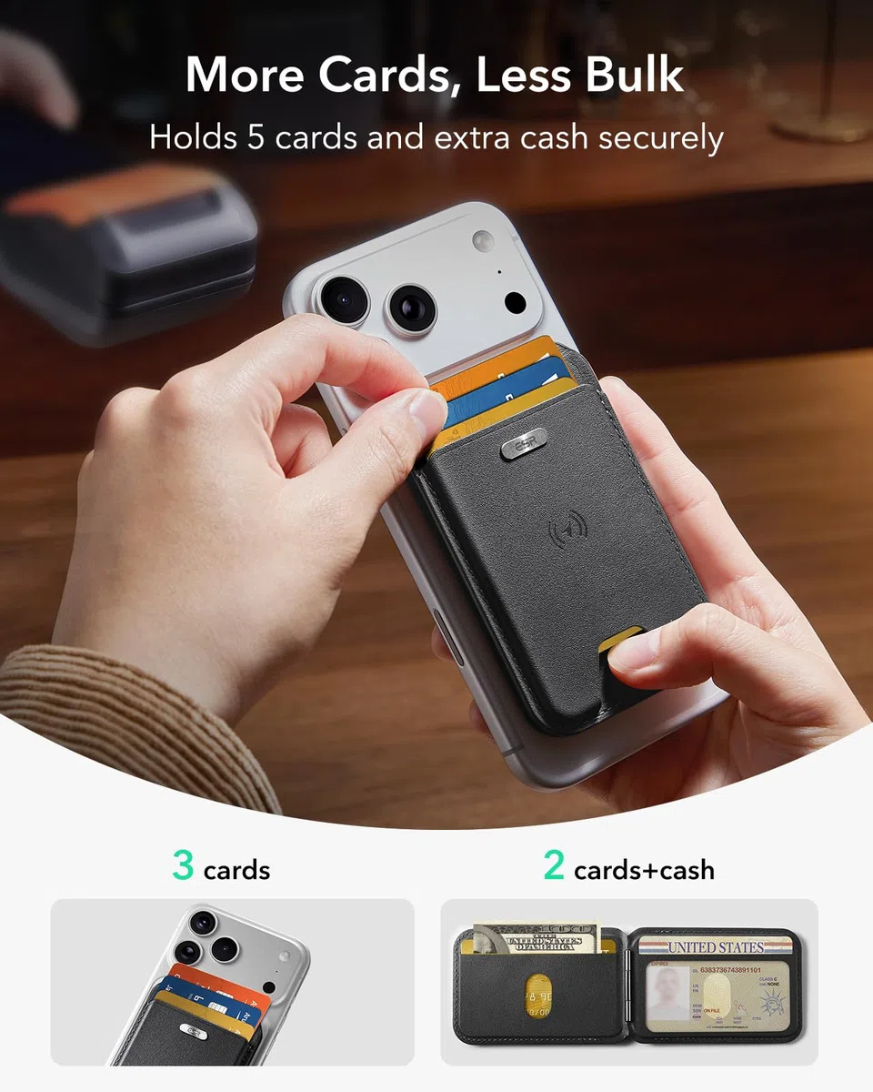ESR Geo MagSafe Wallet mit vollständiger Wo ist?-Funktion, 5-Karten-Halter, RFID-Schutz, verstellbarem Ständer, Magnetisches Wallet für iPhone 17e/17/16/15/14/13/12 Serie, Nicht für mini, Schwarz
