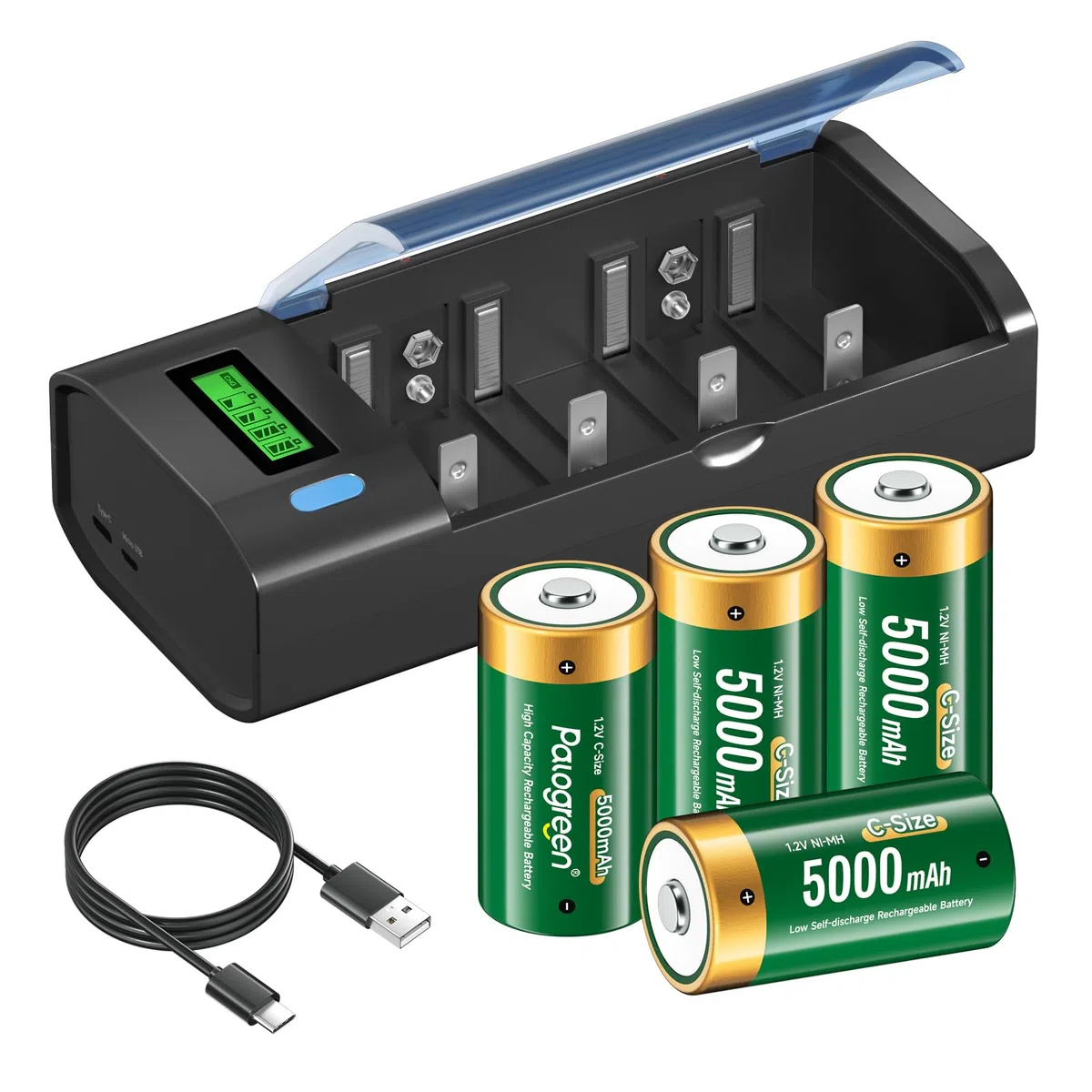 Baby C Akku mit Universal Ladegerät für AA/AAA/C/D 9V NI-MH Akkus, 4 Stück 5000mAh Wiederaufladbare C Batterien Akkus mit Type C Input LCD Anzeige Batterienladegerät