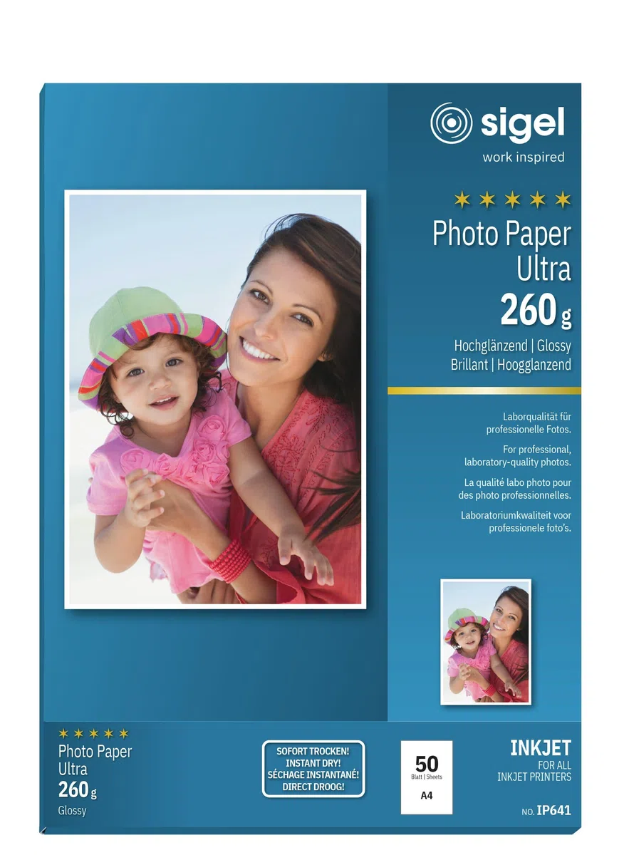 SIGEL IP641 InkJet-Fotopapier Ultra, A4, 50 Blatt, hochglänzend, extrem lichtbeständig, 260 g , für hochwertige Fotografien