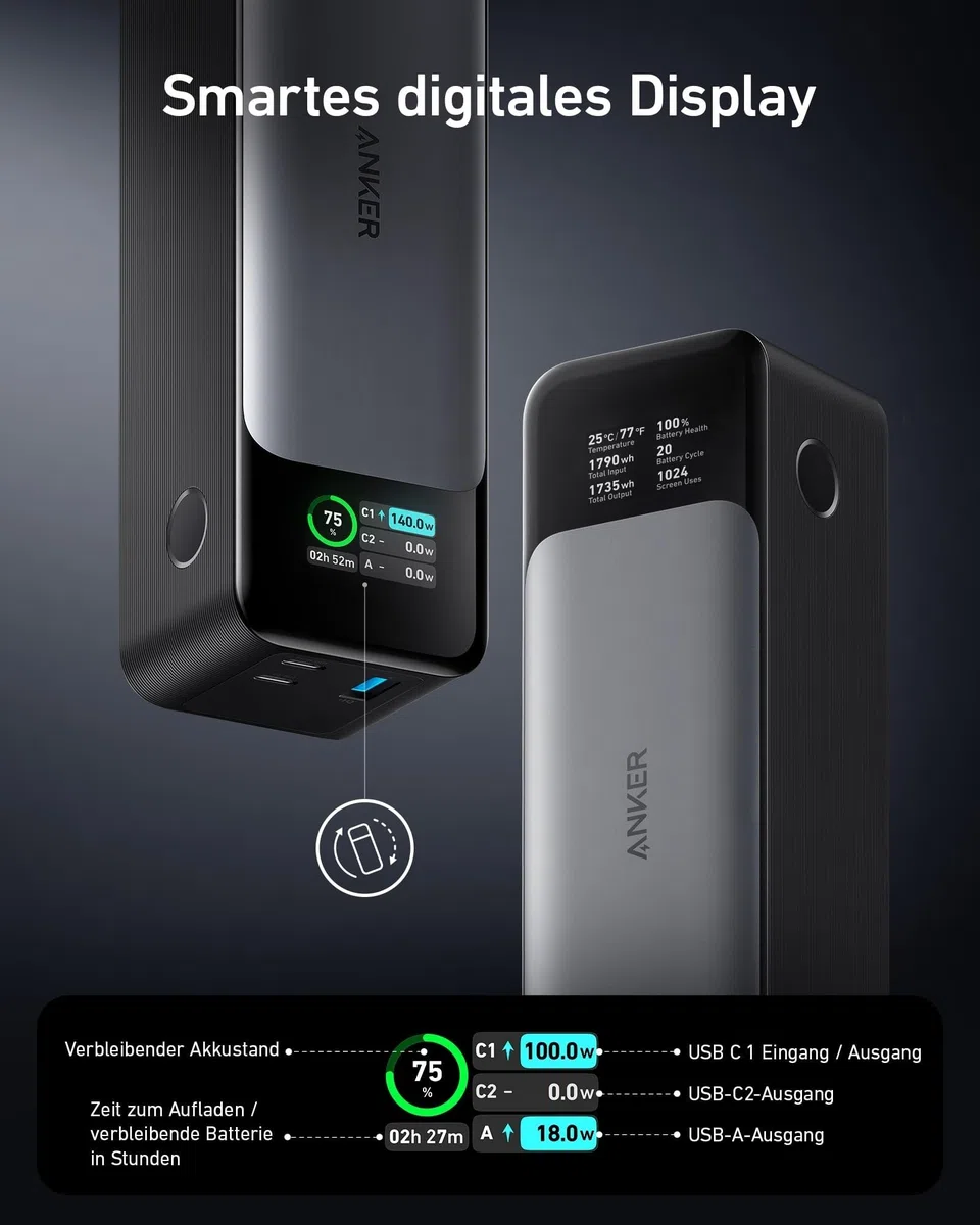 Anker 737 Power Bank, 140w 24000mAh Powerbank mit 3 Anschlüsse, Digitales Display, Kompatibel mit iPhone 17/16/15/14, Galaxy, MacBook, AirPods