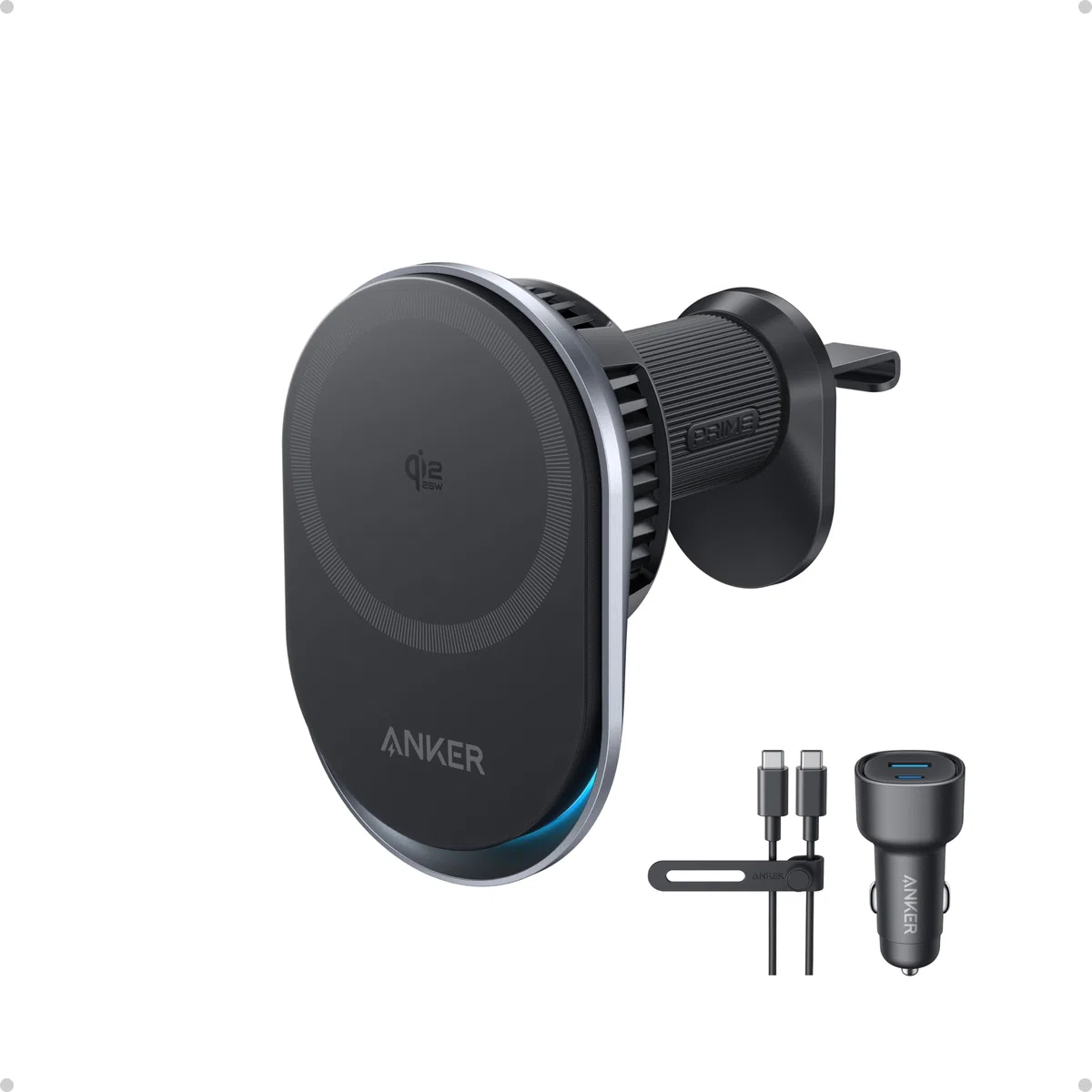 Anker Prime Magsafe Kfz-Ladegerät, Qi2 25W zertifiziertes kabelloses Autoladegerät mit TEC-Aktivkühlung, Starke Magnete, Lüftungshalterung für iPhone 17–12 (Lüftungskompatibilität prüfen), 60W Adapter