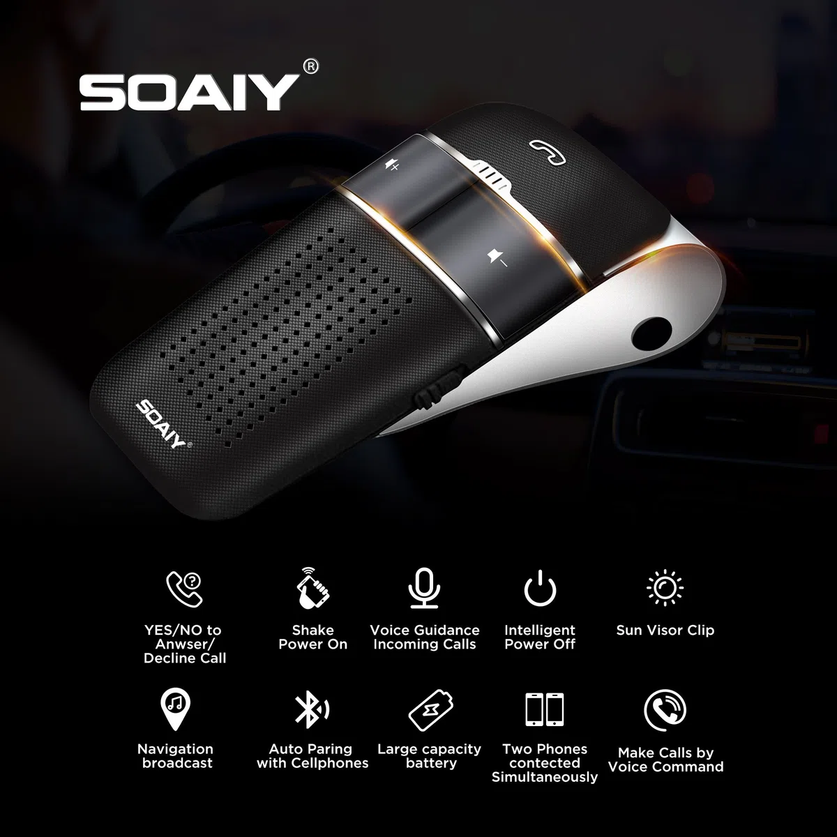 S32 Auto Kfz Bluetooth V5.0 Freisprecheinrichtung Freisprechanlage Car-Kit für Sonnenblende Automatische Abschaltung und Aktivierung möglich Musik GPS Unterstützung mit Deutscher Sprachausgabe