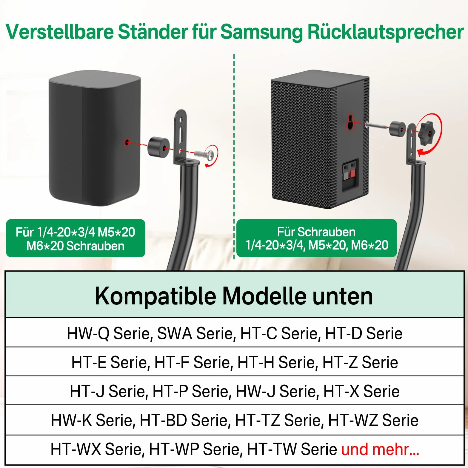 Lautsprecherständer-Paar für Samsung-Lautsprecherständer und Wandhalterung – 33" bis 42" höhenverstellbarer Bodenlautsprecherständer für Samsung Surround Sound-Rücklautsprecherständer