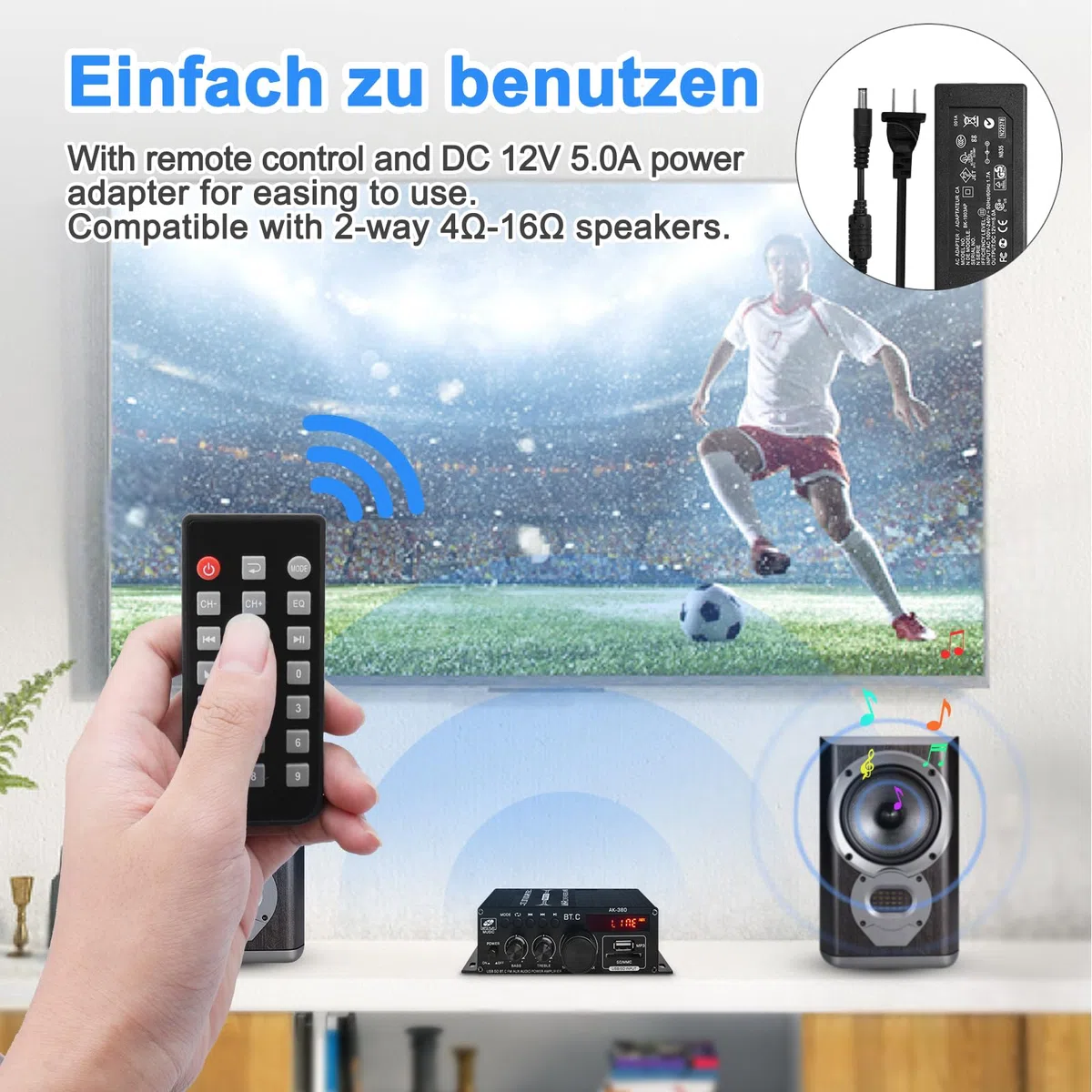 AK-380 Bluetooth 5.0 HiFi Verstärker 2.0-Kanal 40W x 2 Max. 400W Mini Verstärker Stereo Audio Leistungsverstärker-Empfänger mit USB SD Slot, UKW-Radio für Auto und Heimlautsprecher