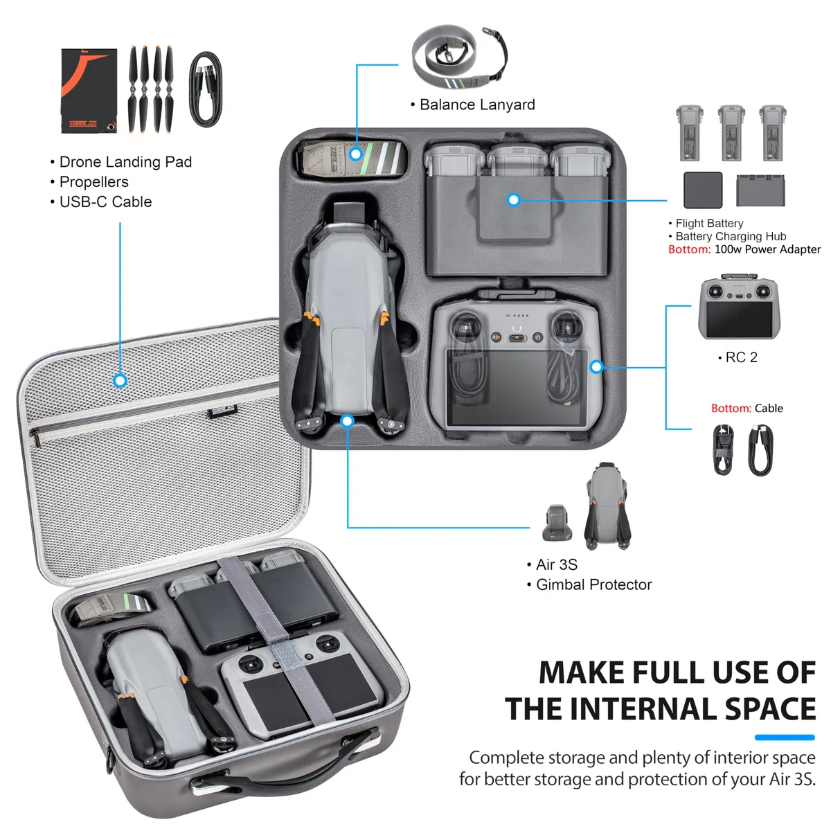 STARTRC Air 3S Koffer, tragbare Reisetasche, Tragetasche für DJI Air 3S Fly More Combo, RC2/RC/RC-N3/N2 Controller-Aufbewahrung für DJI Air 3S Zubehör, Akku Ladestation
