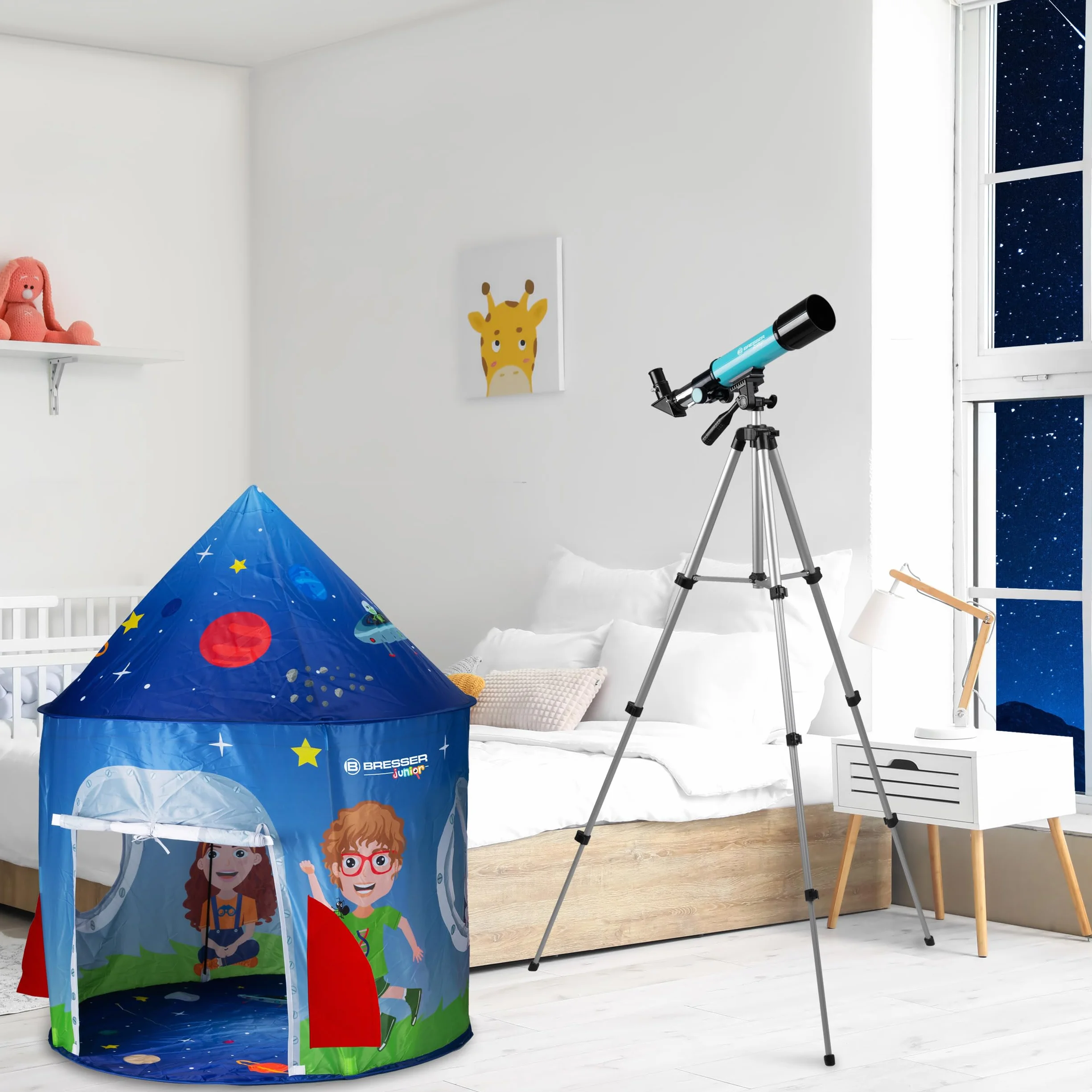 Bresser Junior Linsenteleskop 50/360 für Kinder - Astronomie Einsteigerset mit Zelt, Refraktor Teleskop, Stativ, Azimutale Montierung, Okulare und Zenitspiegel ,blau