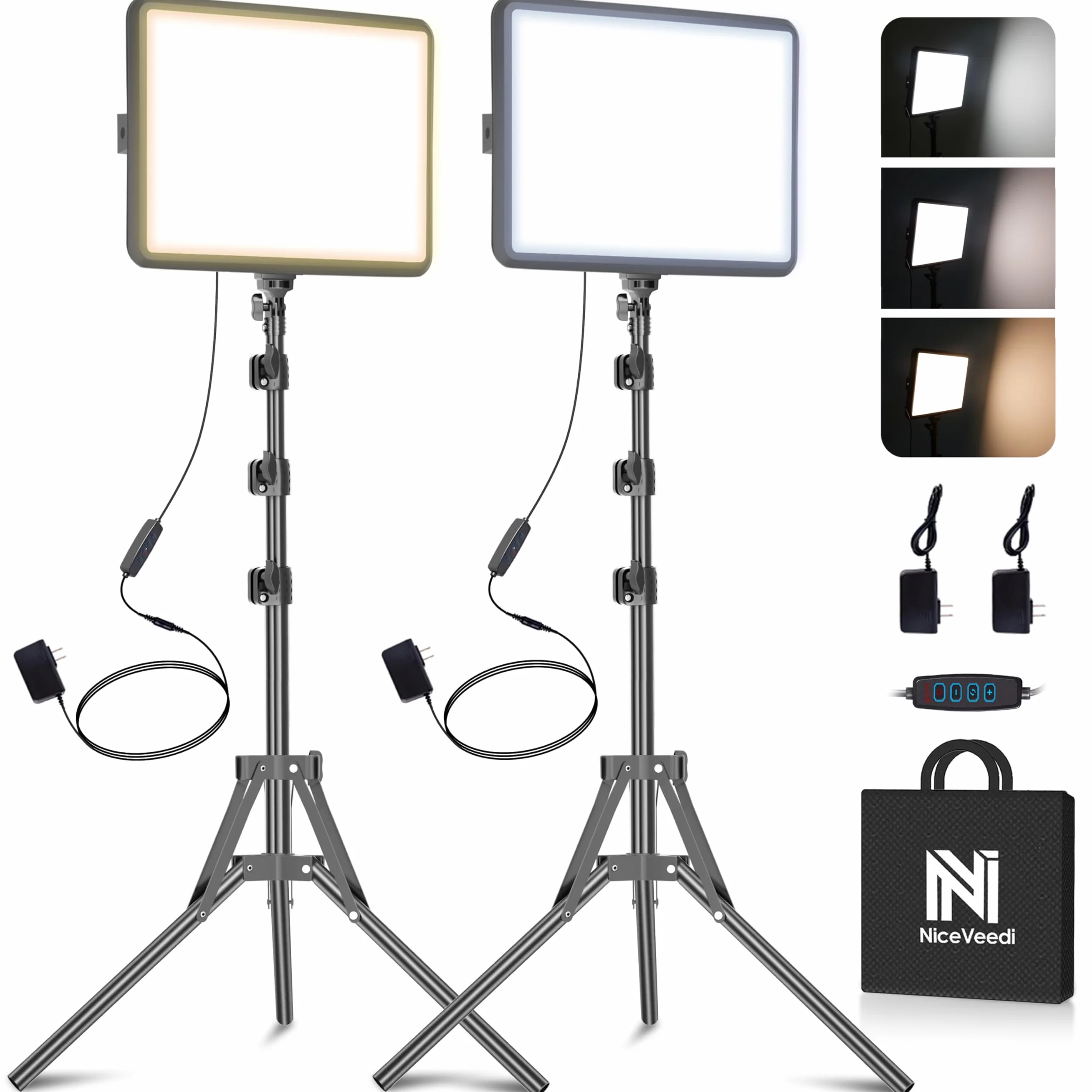 2-Pack Fotografie Beleuchtung Kit, NiceVeedi 25W LED Video Licht Kit, 2900-7000K Dimmbare Studio Licht mit Stativständer und Ladegerät, 185cm Stream Licht für Videoaufnahme, Schießen, YouTube