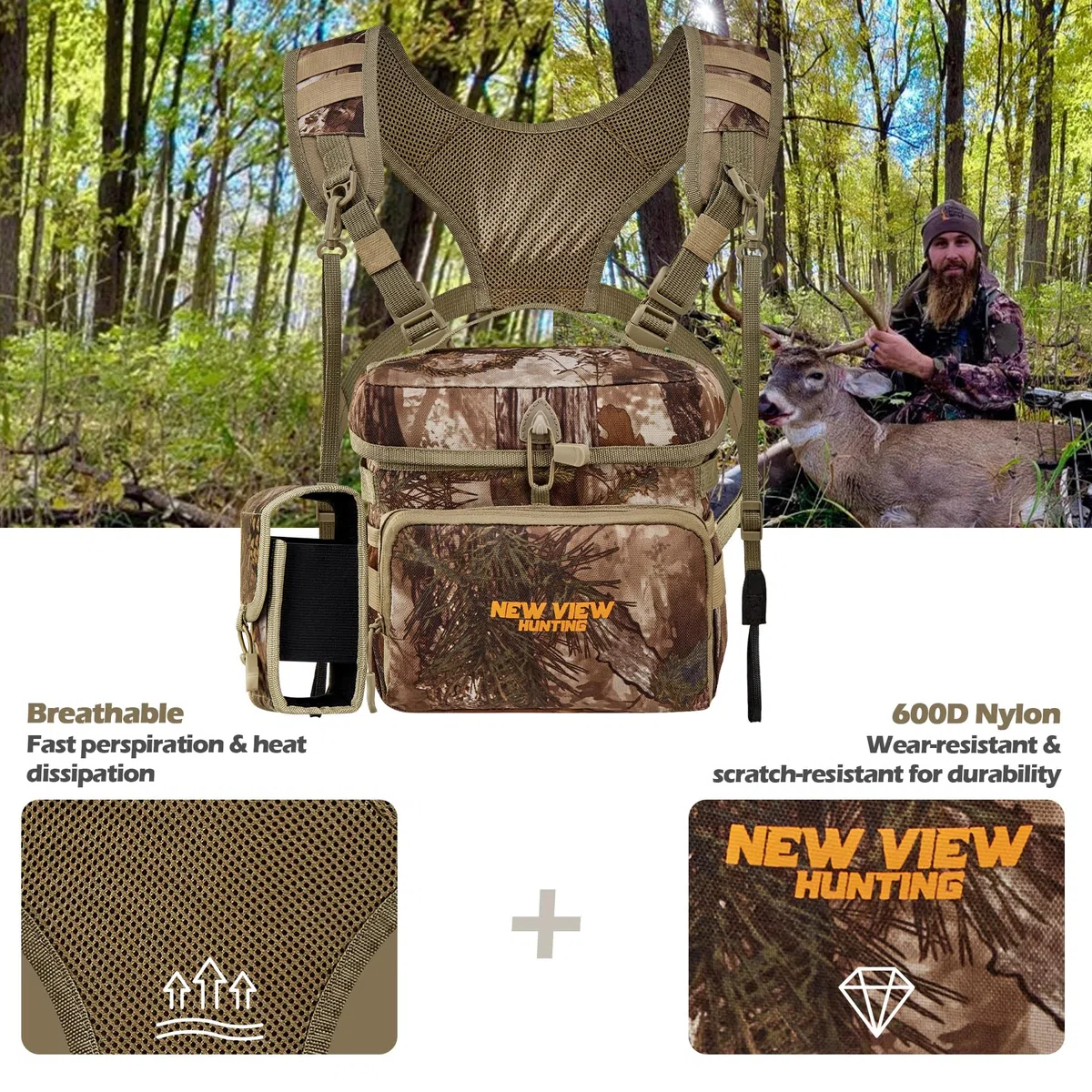 NewView Binocular Harness Chest Pack mit abnehmbarer Entfernungsmesser-Tasche, verstellbarem Bino-Gurt und Regenschutz - ideal für Jagd, Wandern und Vogelbeobachtung-L
