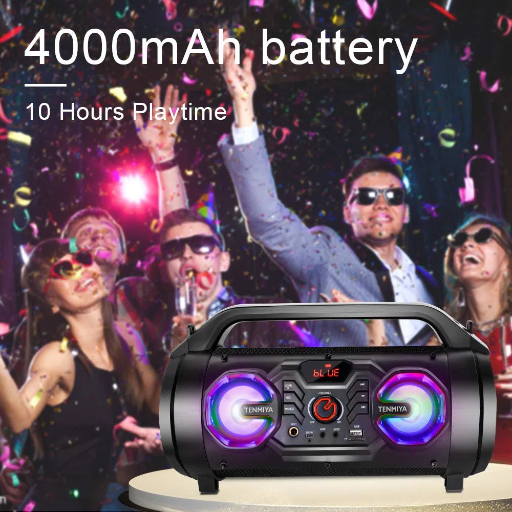 TENMIYA Bluetooth Lautsprecher, 30W Musikbox Bluetooth mit Subwoofer, FM Radio, RGB Licht. 10h Akku Outdoor Boombox für Party