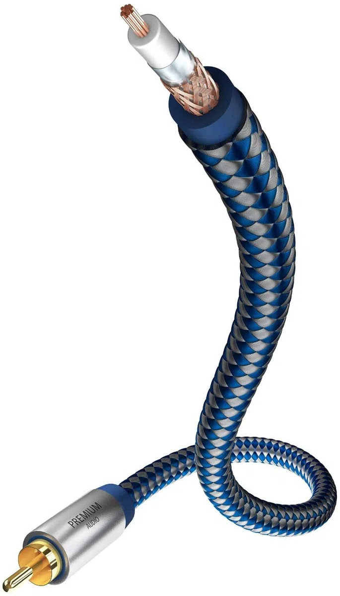 inakustik – 00408021 – Premium Mono-Subwooferkabel | Für kraftvollen und dynamischen Bass dank eines hohen Kupfergehaltes | 2,0m in Blau/Silber | 2-fache Abschirmung - Vollmetallstecker - moderner Geflechtschirm