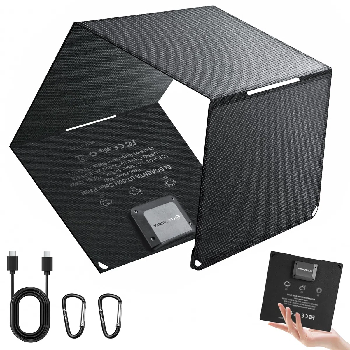 ELECAENTA 30W ETFE HPBC Solar Ladegerät 2-Port USB-C PD20W QC3.0 IP68 Wasserdicht Faltbar Solar Panel für iPhone/Android Handy, Smartphone, Tablet, Powerbank, Kamera, Outdoor, Camping, Reisen, 0.5kg