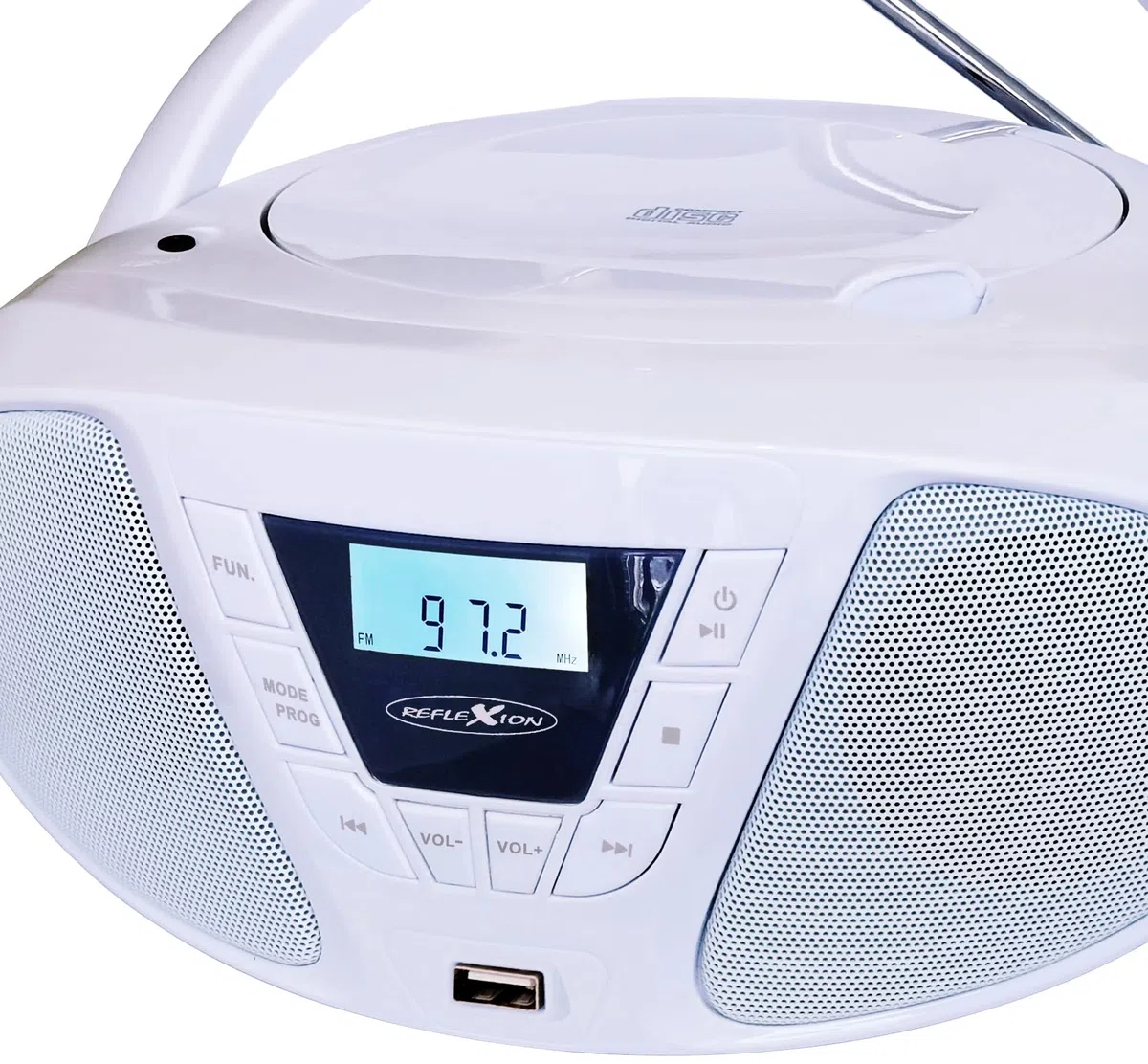 REFLEXION CDR614UWH, Tragbares CD-UKW-PLL-USB-Stereo Radio (2x16 Watt max. Musikleistung), USB für MP3-Wiedergabe, 3,5mm AUX-IN Anschluss, Programmier-Funktion (CD: 20 Tracks), Weiß