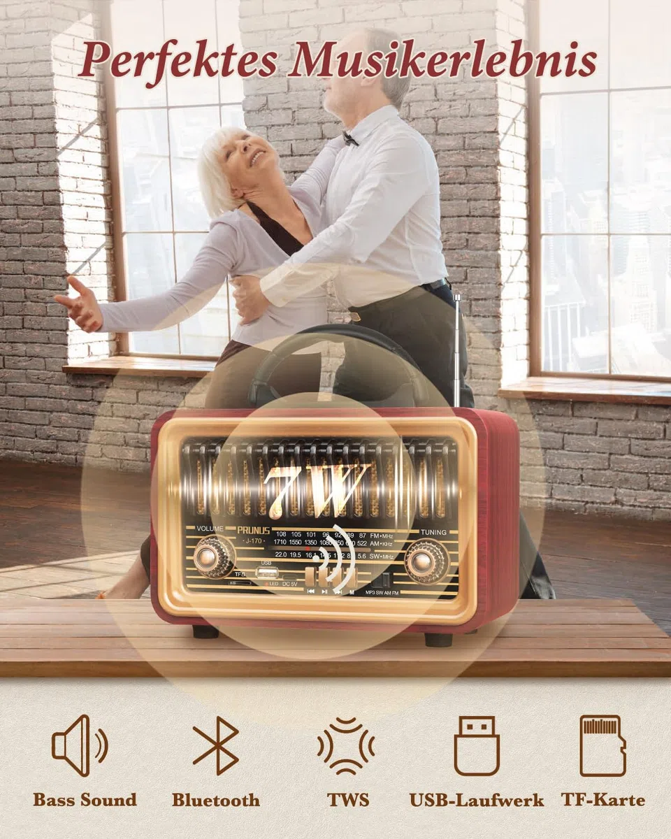 PRUNUS J-170 Bluetooth Radio Retro AM/FM/SW, Nostalgie Radio Klein mit 1800mAh Akku, Kofferradio Küchenradio mit lauter Sound, Unterstützt USB/TF/TWS Pairing, Einfaches Radios für Senioren.