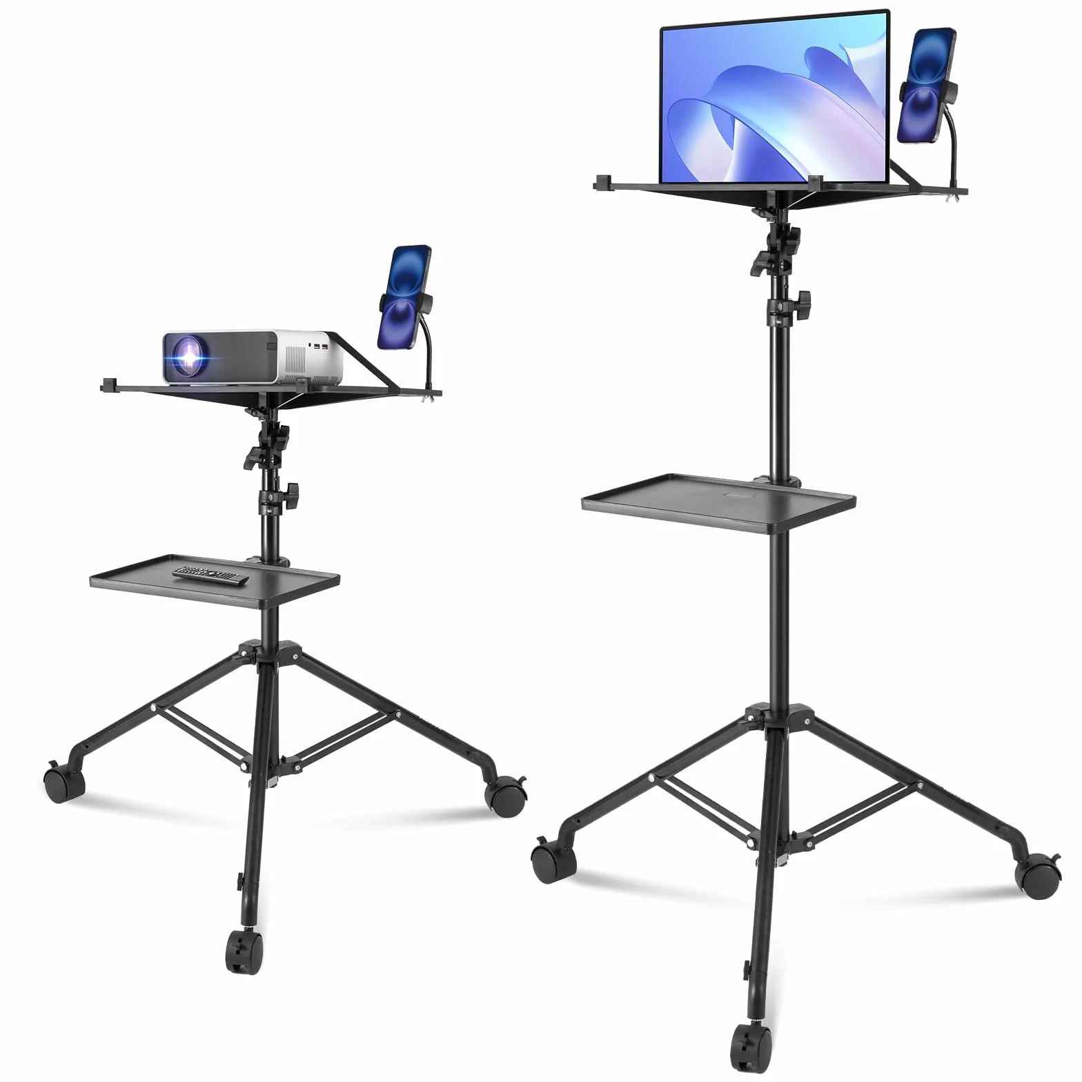 VEVOR Projektorständer mit Rädern Laptopständer-Stativ, höhenverstellbar von 795 bis 1710 mm, Projektor-Stativständer mit 2 Ablagen & Schwanenhals-Telefonhalterung, im Freien/Büro/Studio, zu Hause