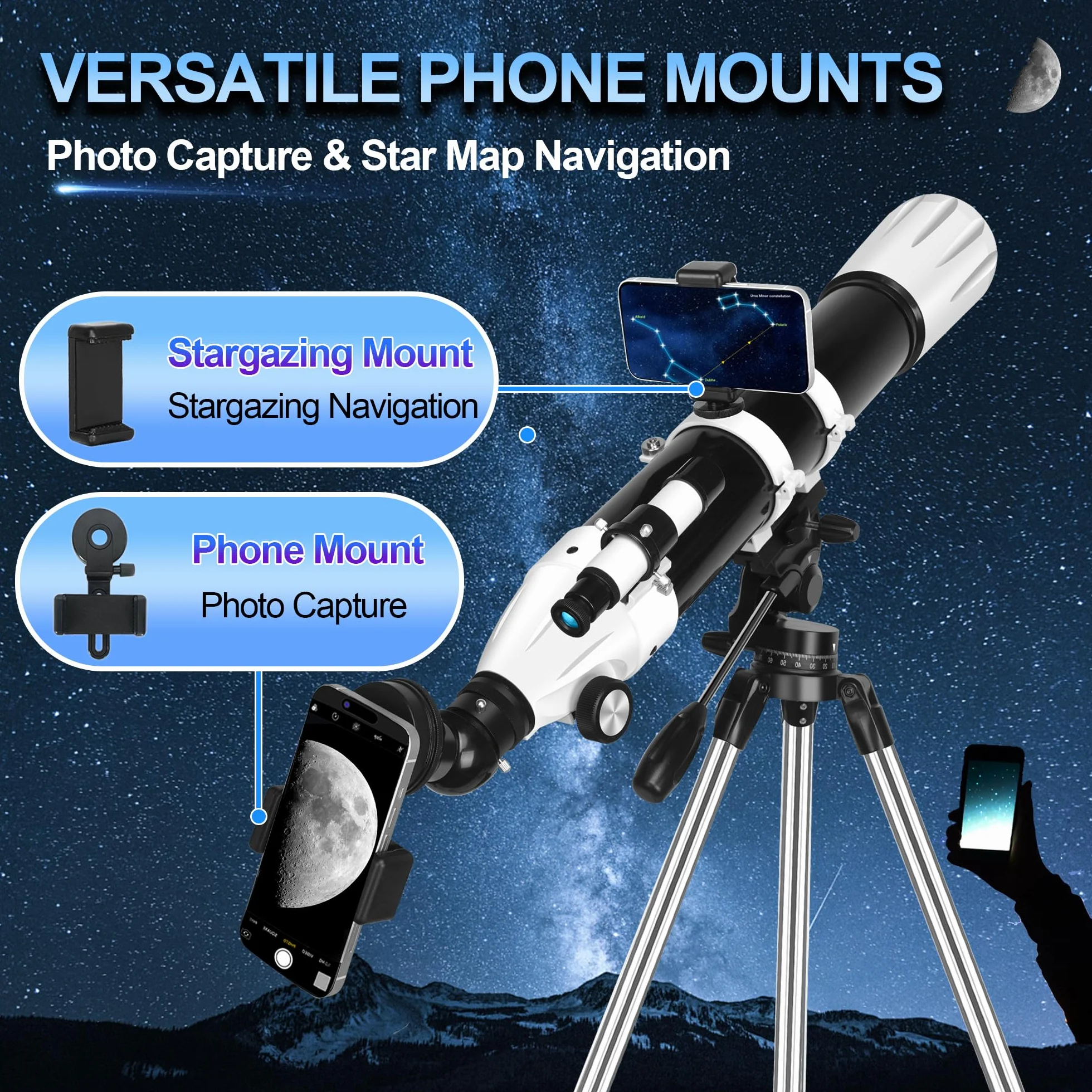 Teleskop, 90mm Öffnung 900mm Refraktor Teleskop Astronomie für Erwachsene, 36X-270X hohe Vergrößerung, Professionelle Teleskope für Anfänger, Stativ, Telefonhalterung und tragbare Tragetasche