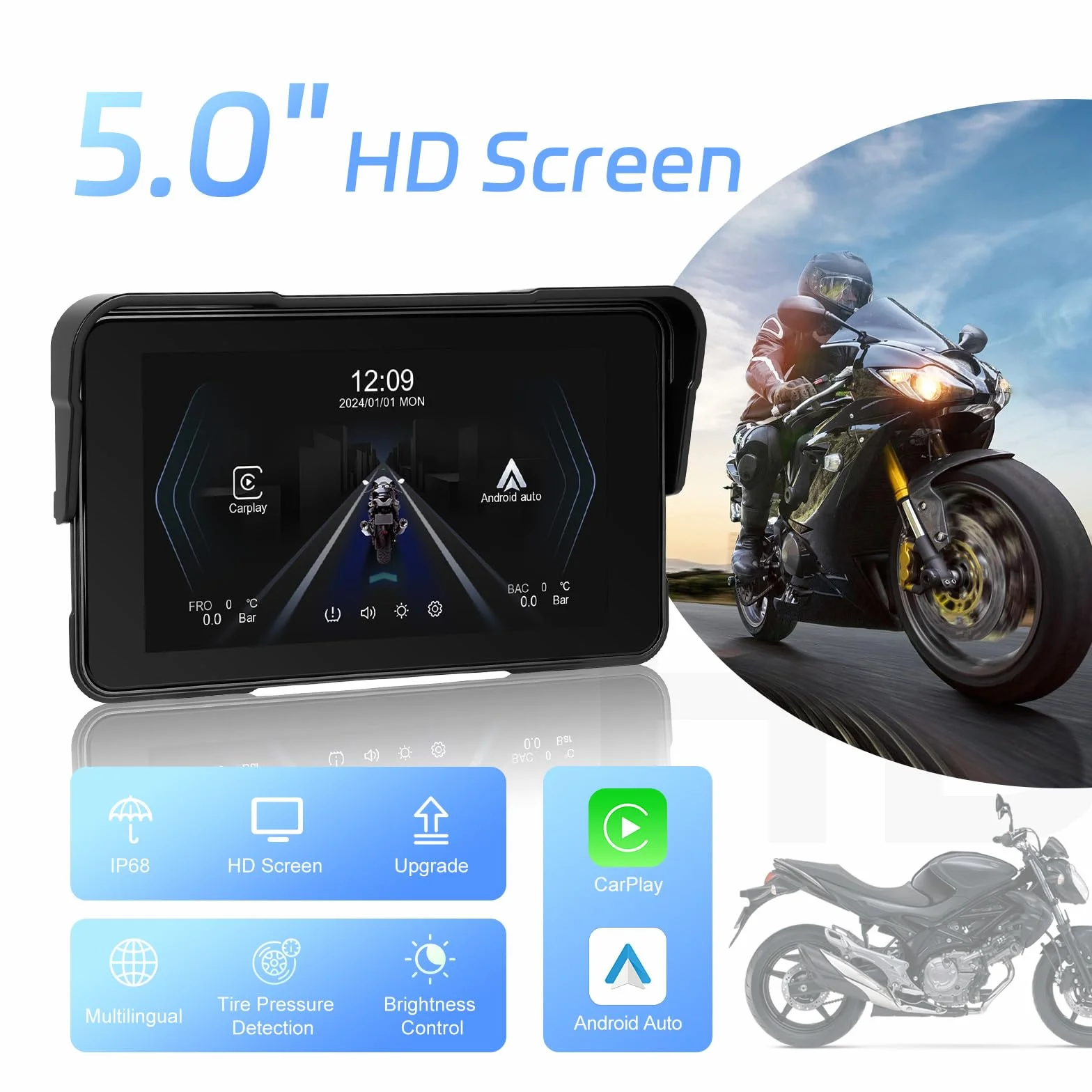 5 Zoll Motorrad Carplay Bildschirm mit Kabellos CarPlay und Android Auto, Touchscreen Bluetooth, Tragbarem Wasserdichtem, Navigation Schermo per Moto