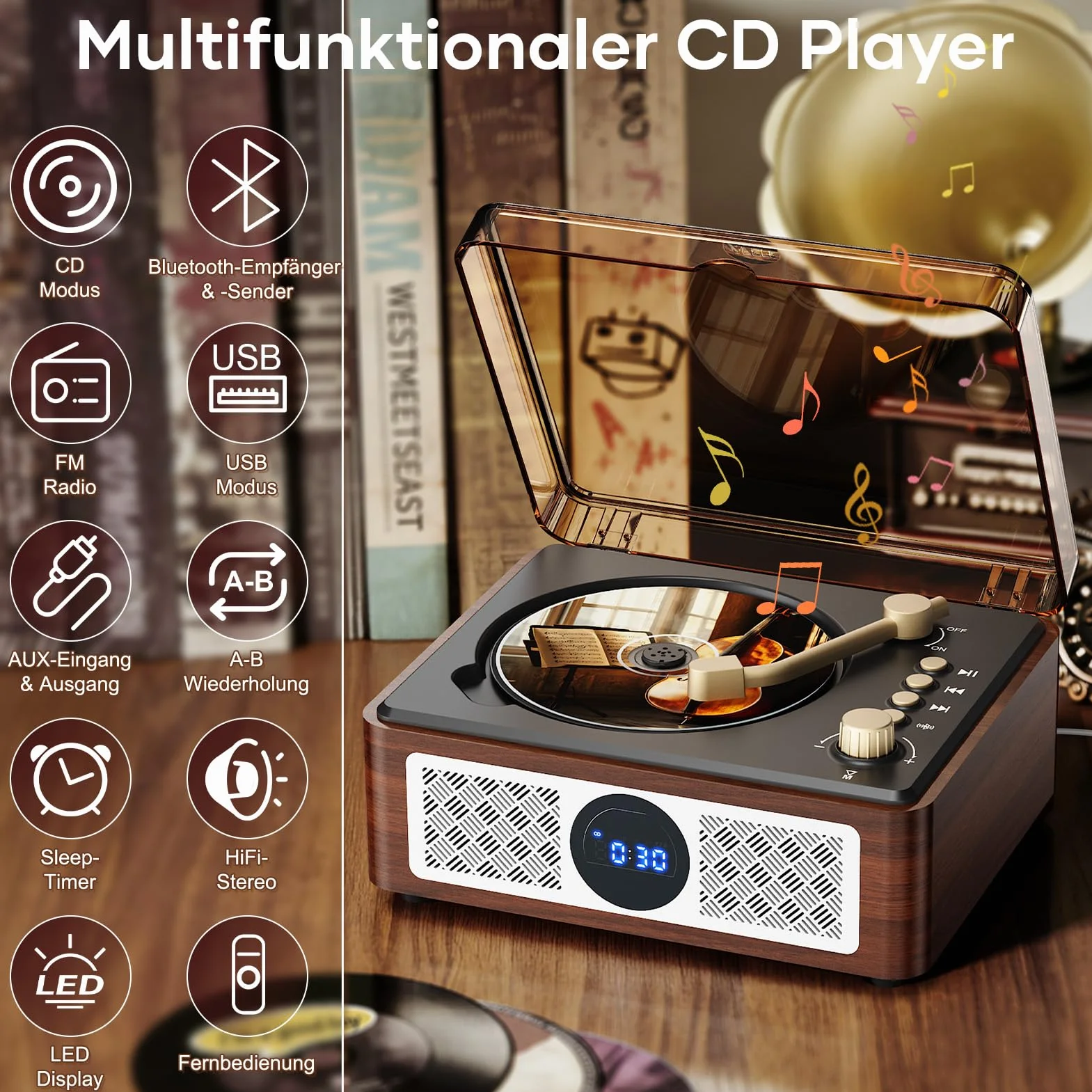 Bluetooth CD Player Tragbar mit Lautsprecher - Lehwey Retro CD-Player mit FM Radio, Stereo Sound, Unterstützt USB/AUX Wiedergabe, Vintage Desktop CD Spieler mit Fernbedienung, Staubschutz (Holz)