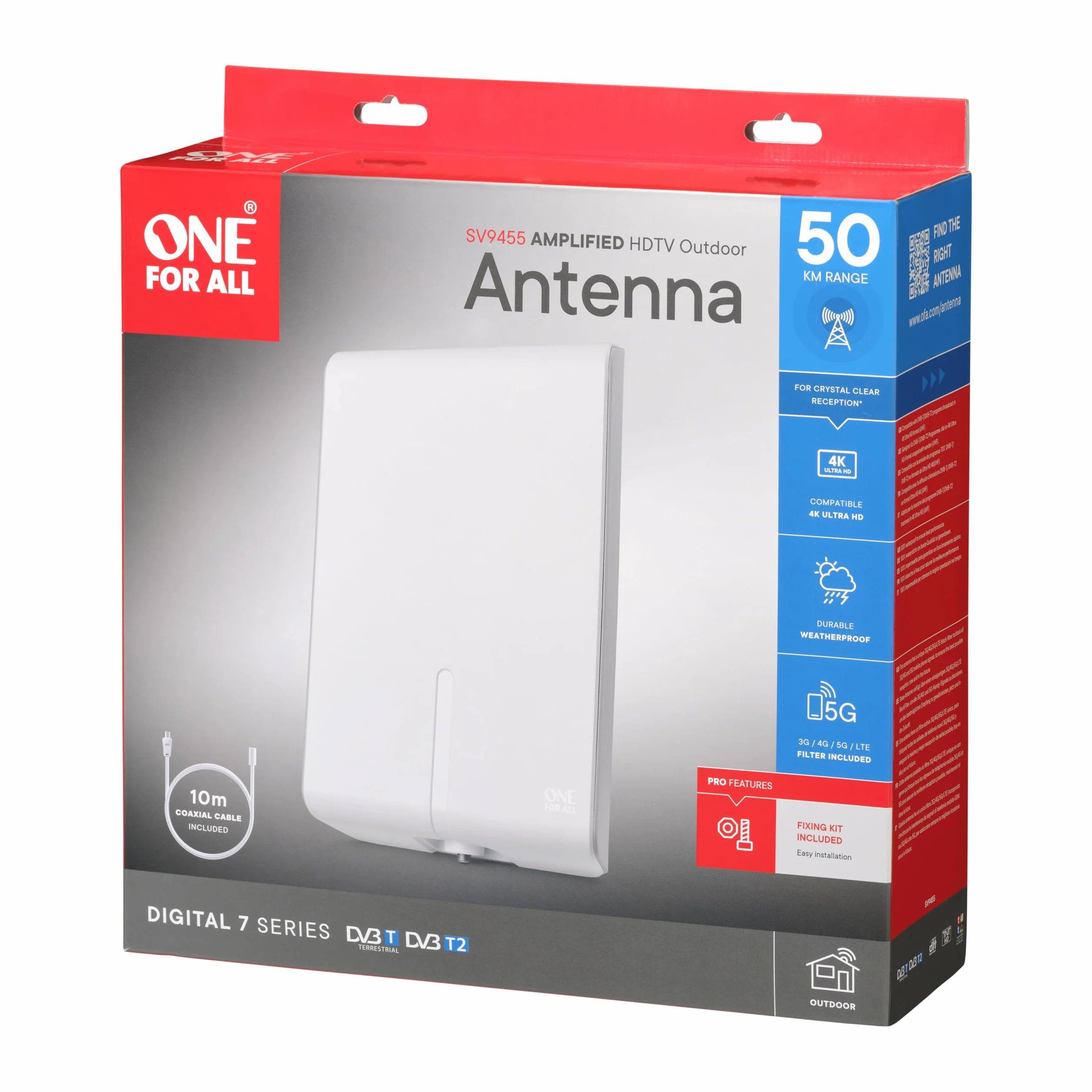 Unbekannt One for All – 3G/4G/5G-blockfilter – DVB-T2 Außenantenne– Digital-TV 4K Ultra HD – Signal Clear-Technologie – 0 bis 50 km Reichweite – Weiß – SV9455-5G