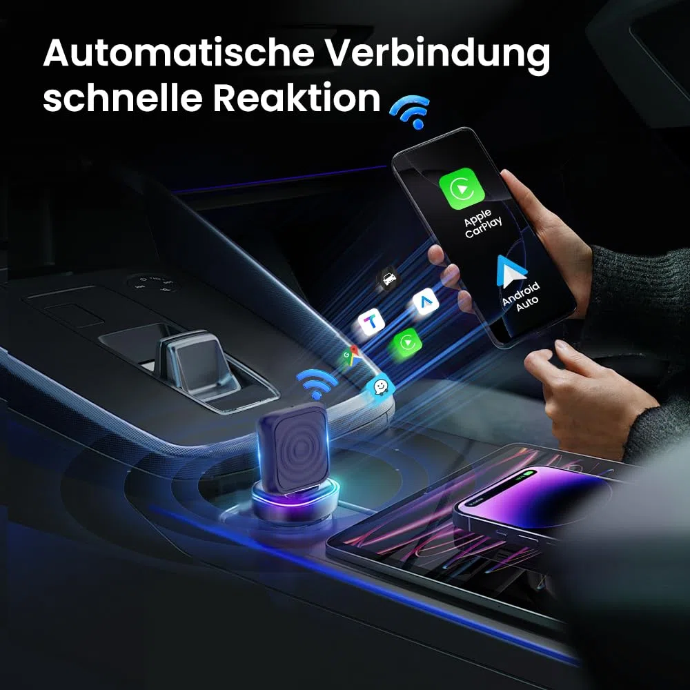 CarlinKit 2026 kabelloser CarPlay & Android Auto Adapter, Upgrade von kabelgebundener auf kabellose Verbindung, Plug & Play mit USB-A/Typ-C, Funktioniert mit iPhone iOS 10+ & Android 11.0+