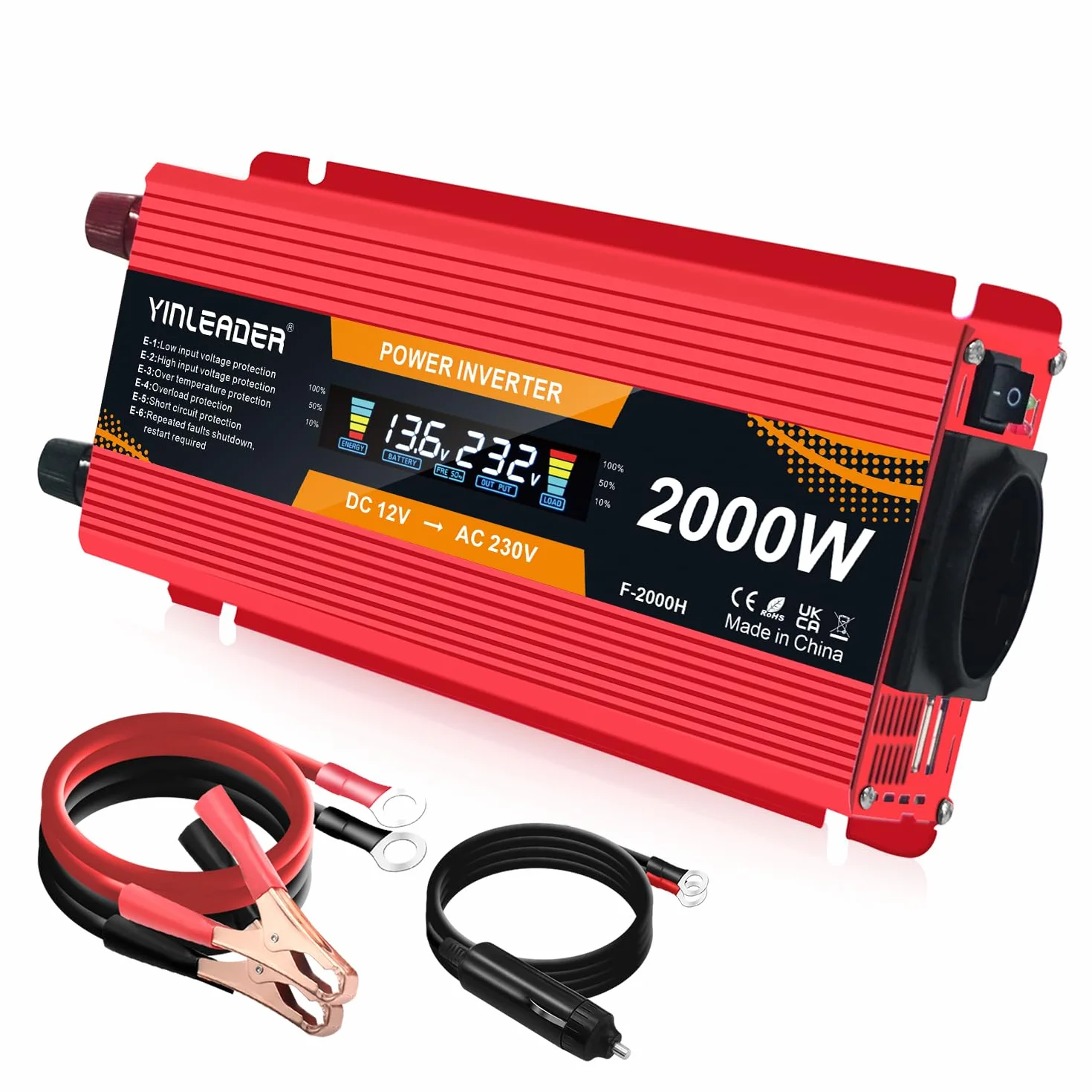 Yinleader Wechselrichter 12V 230V 1000W /2000W Spannungswandler LCD mit 1 Steckdose 2 USB Anschlüsse
