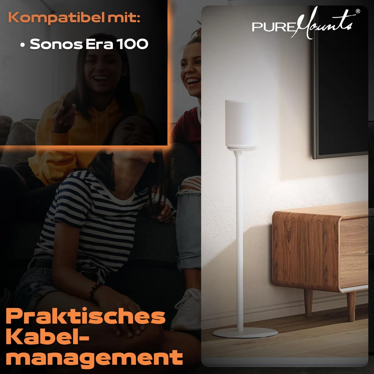 PureMounts Lautsprecherständer für Sonos Era 100, Lautsprecher Ständer, Boxenständer mit Kabelmanagement, 3Kg Tragkraft, weiß